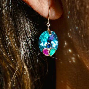 14k Blue Topaz, Emerald, Sapphire, + Ruby Earrings