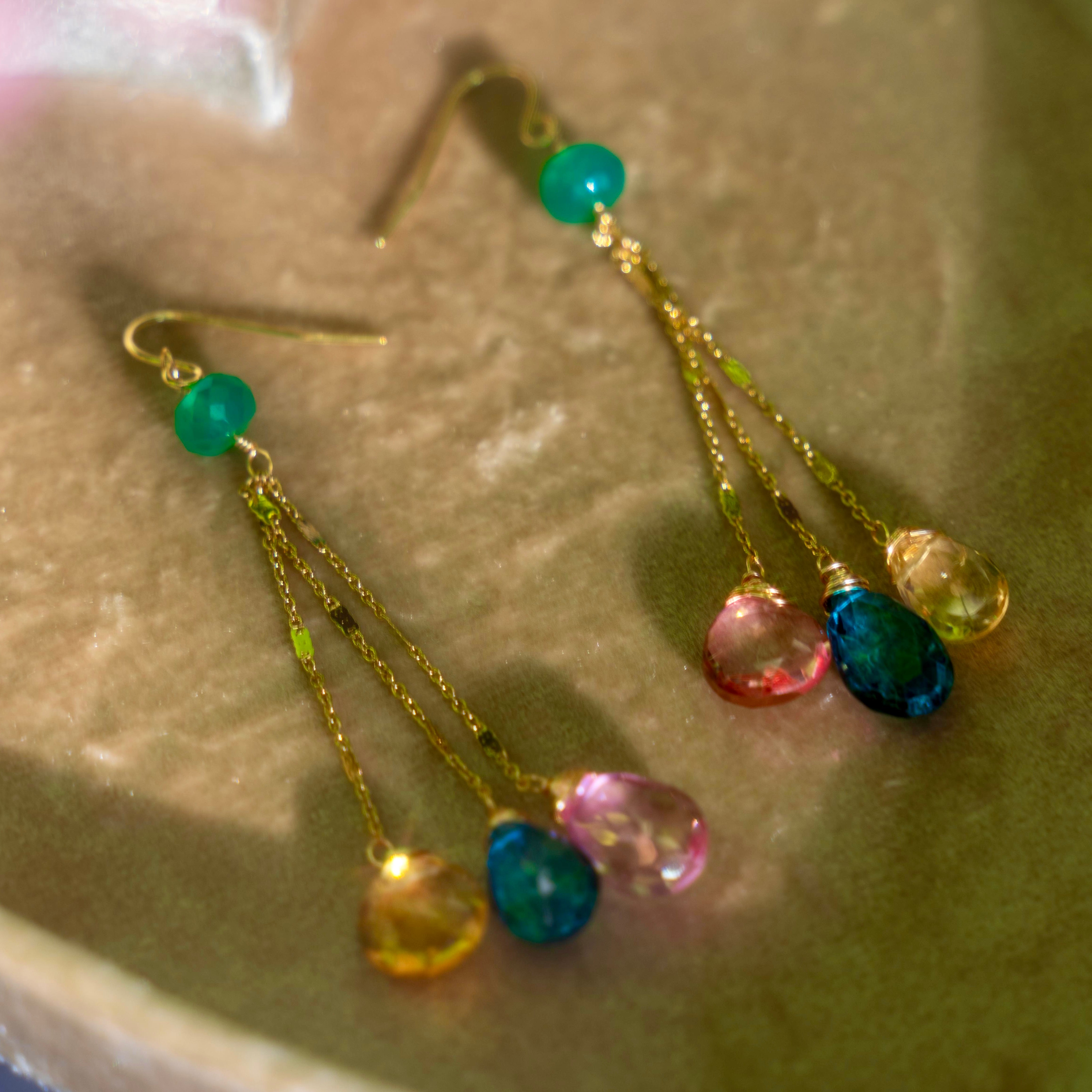 Blue Kyanite, Pink Topaz, Citrine, + Green Onyx Earrings