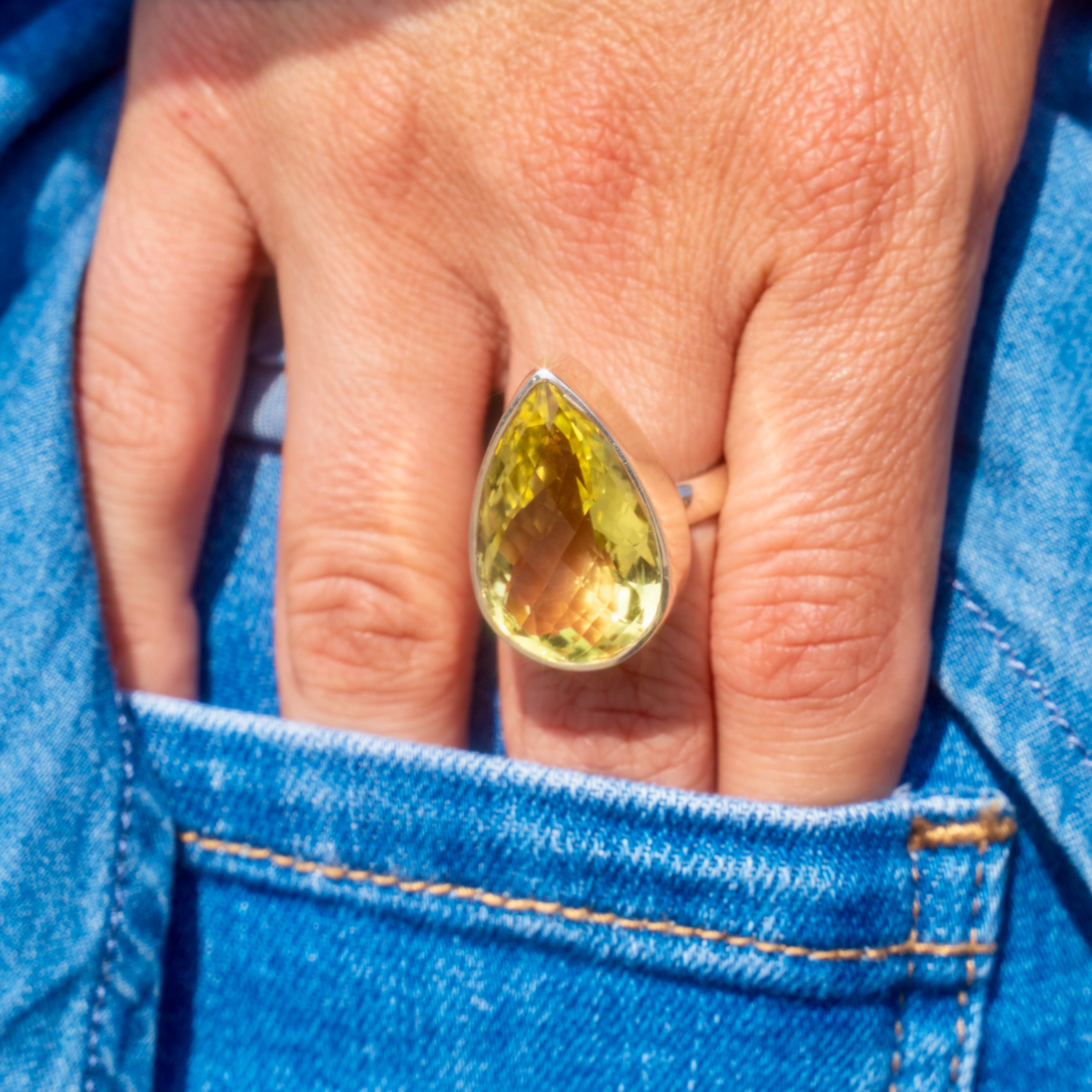 Sterling Silver + Lemon Quartz Pear Statement Ring