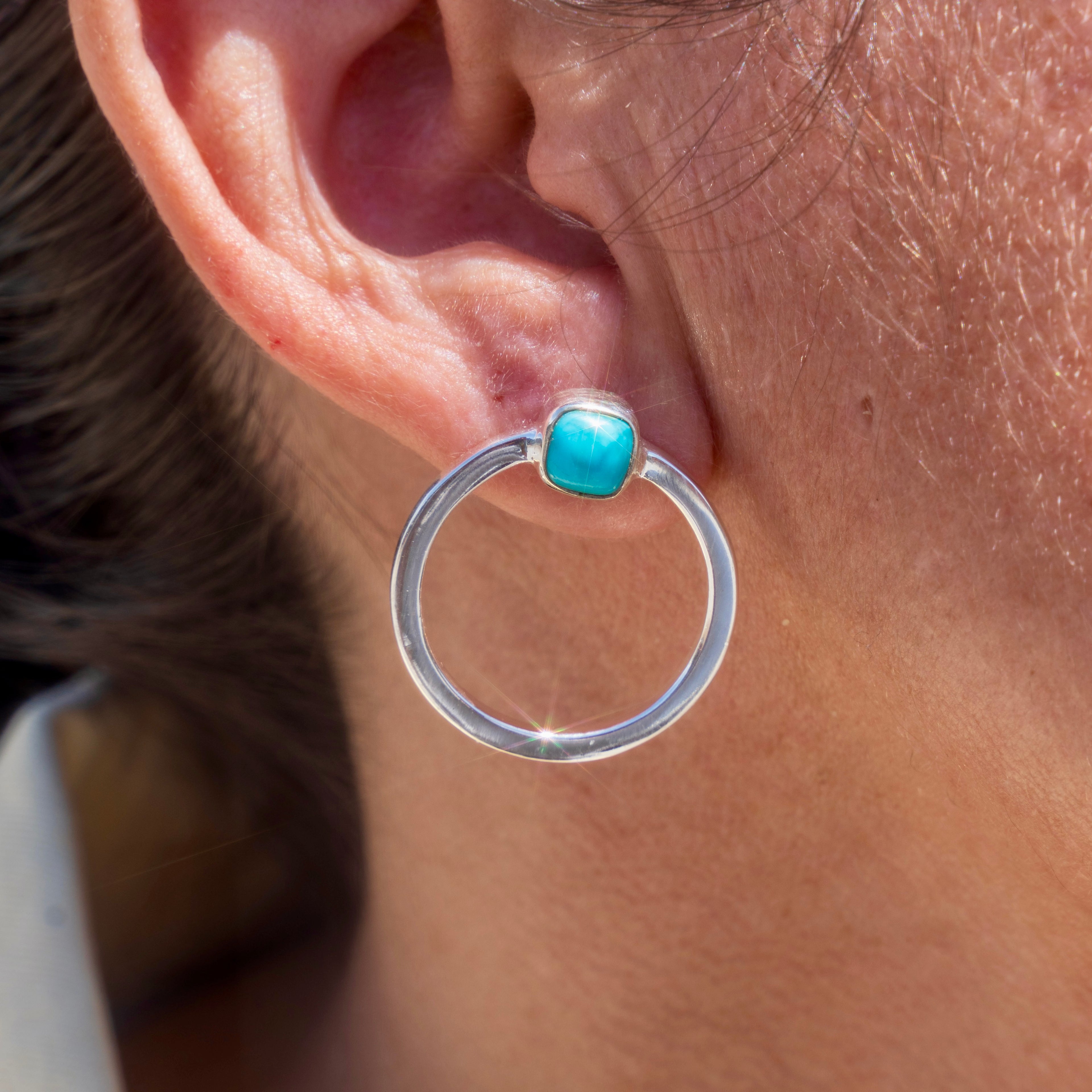 Sterling Silver Turquoise Front- Facing Round Hoops