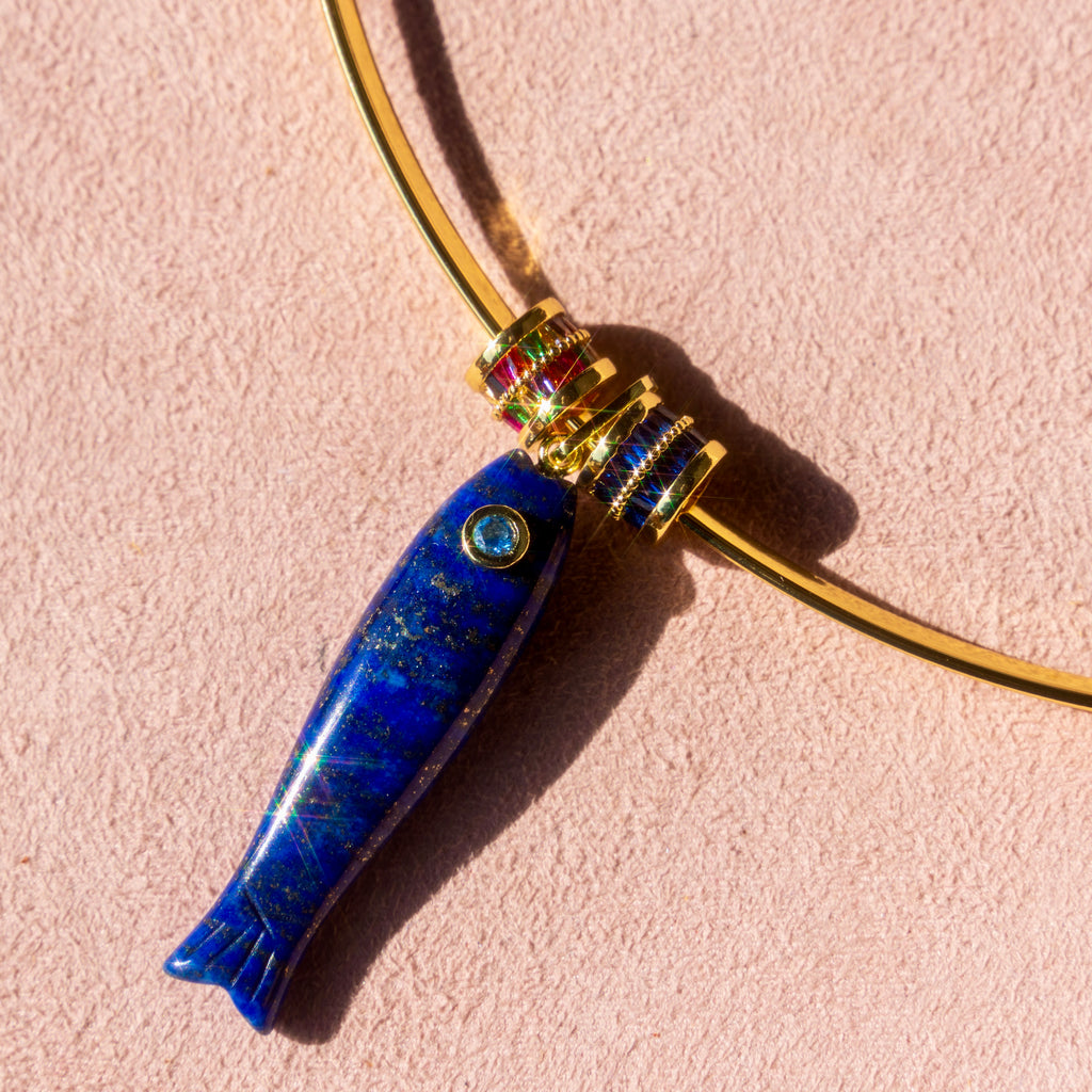 Lapis Fish Necklace with Baguette Charms
