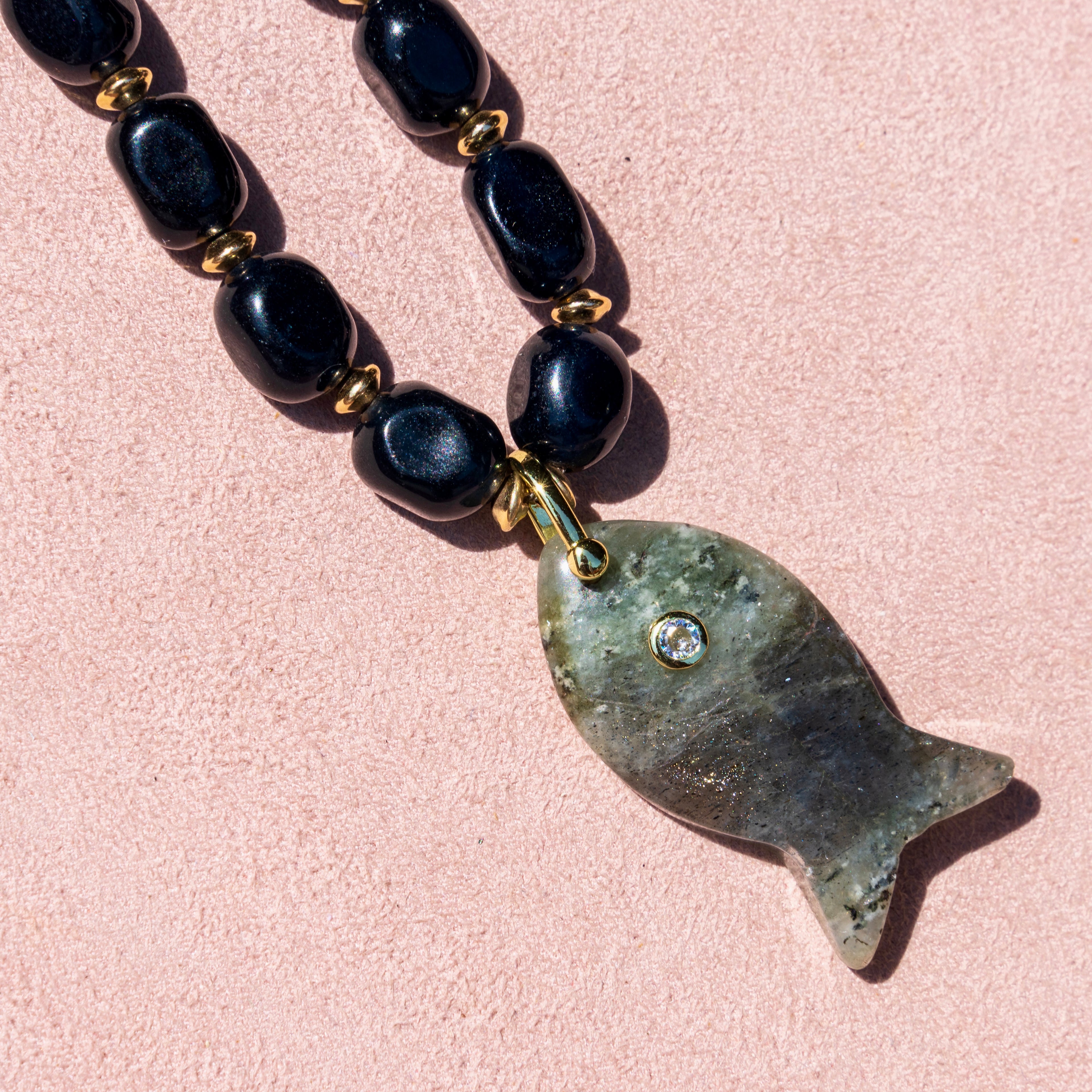 Black Agate + Labradorite Fish Necklace