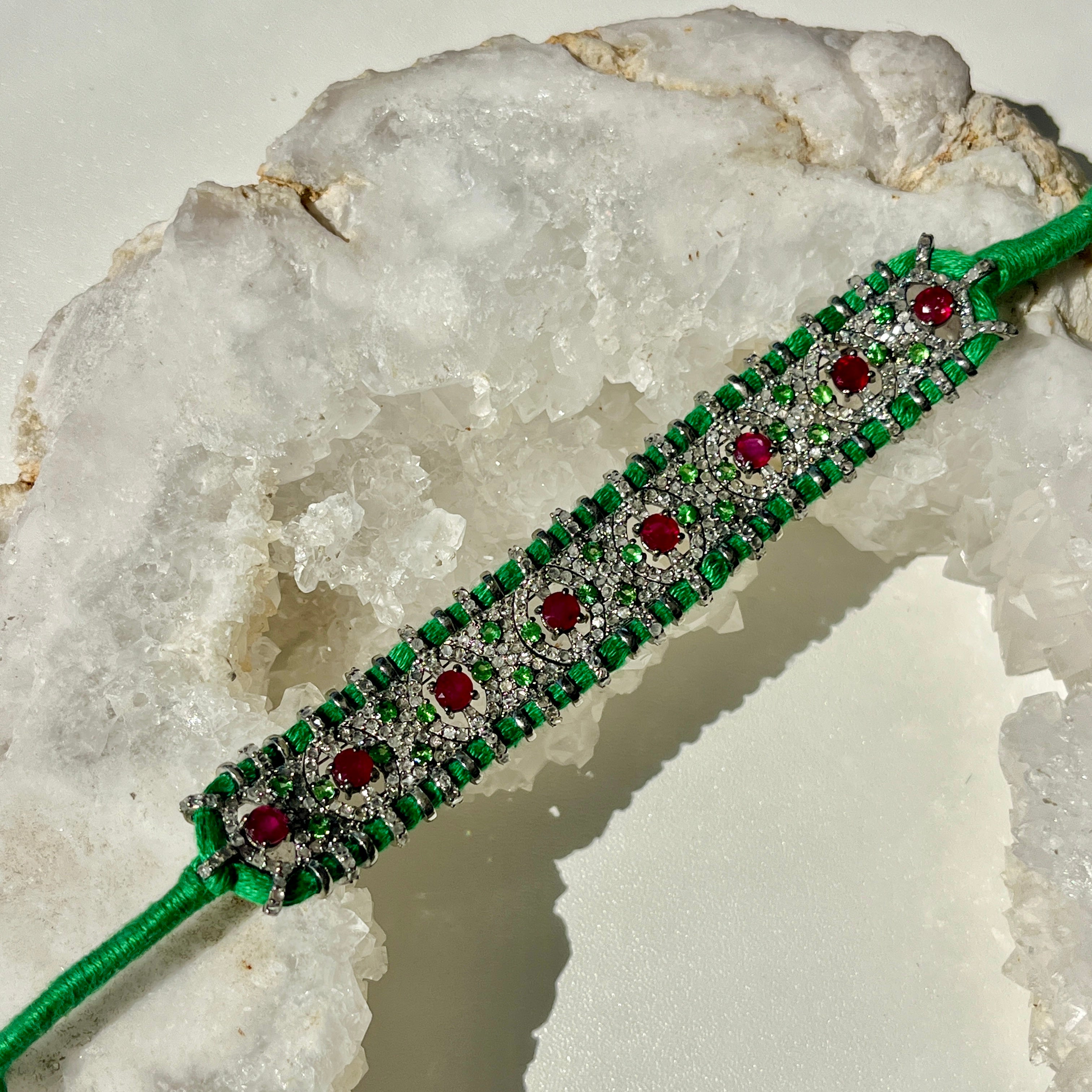 Ruby, Diamond, + Tsavorite Silk Thread Bracelet
