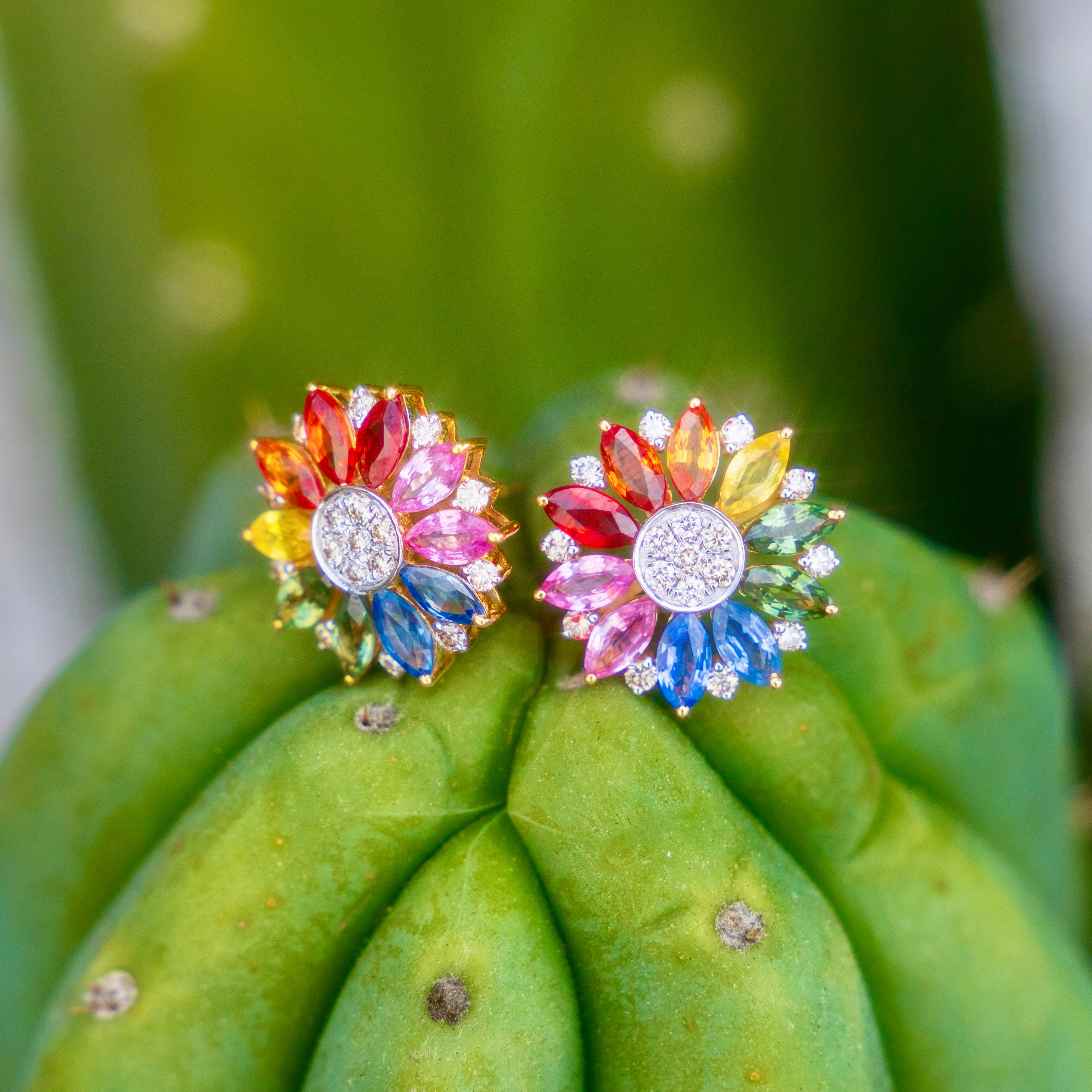 14k Rainbow Sapphire + Diamond Sunflower Earrings