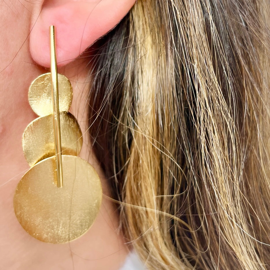 Triple Disc Gold Earrings