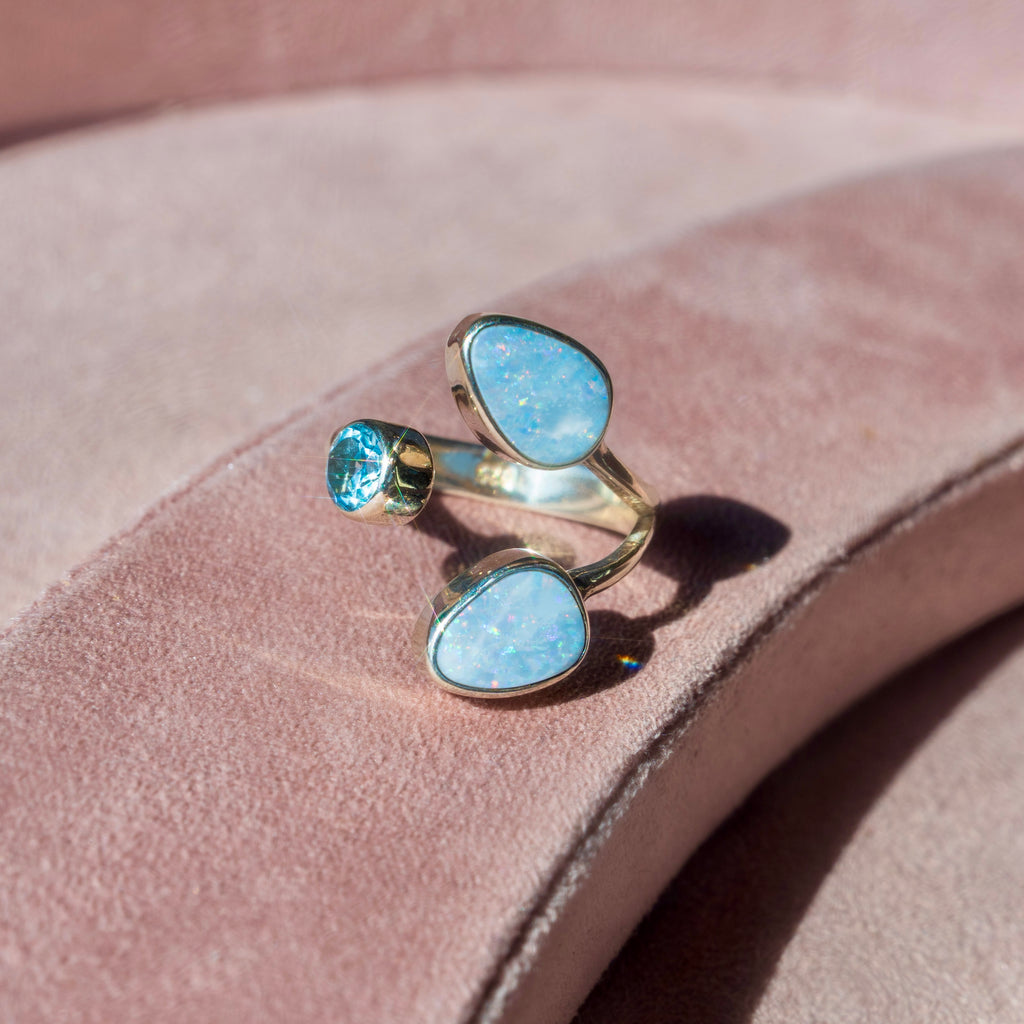 Sterling Silver 3 Stone Ring with Opal + Sky Blue Topaz