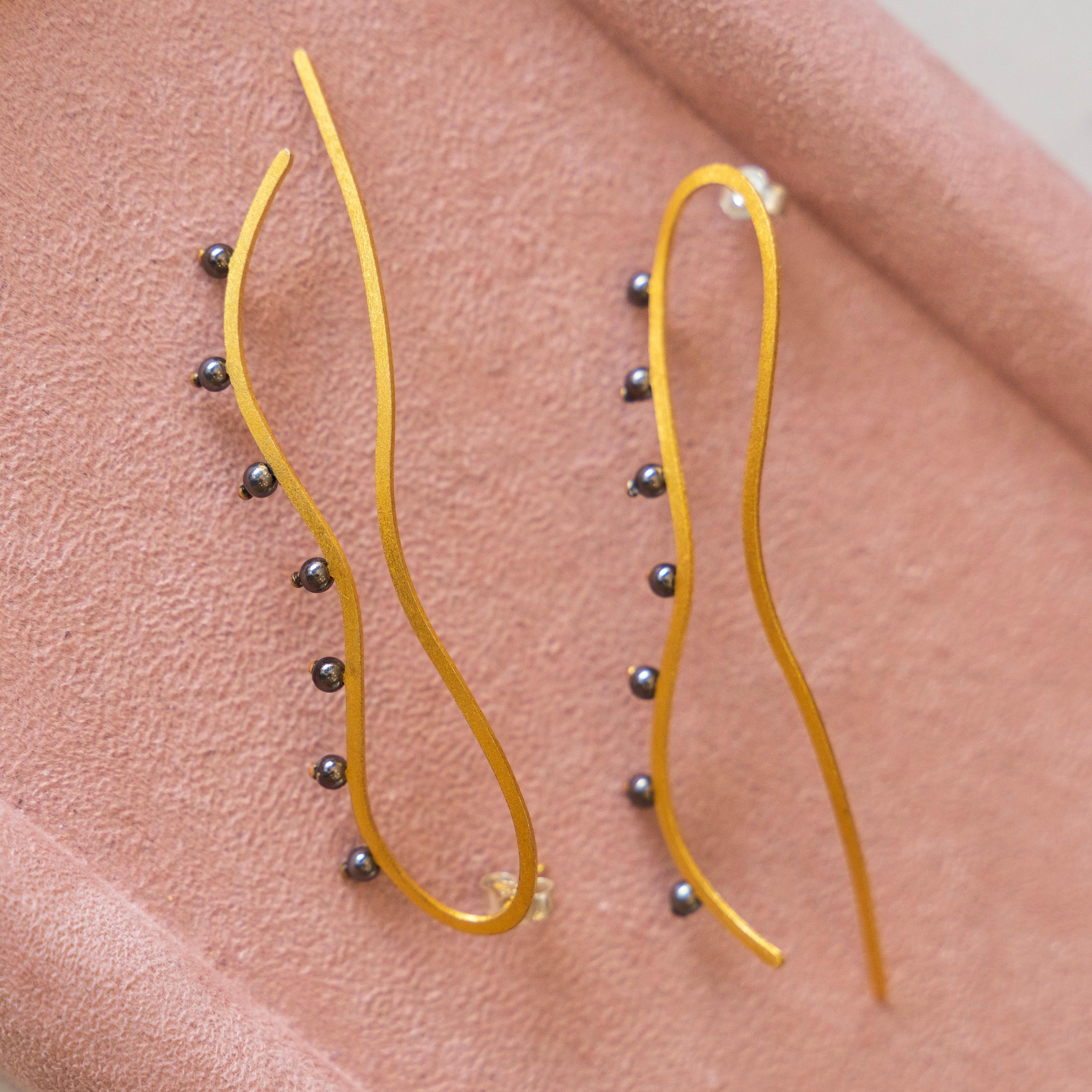 Gold Coaster Earrings w/ Black Pearls
