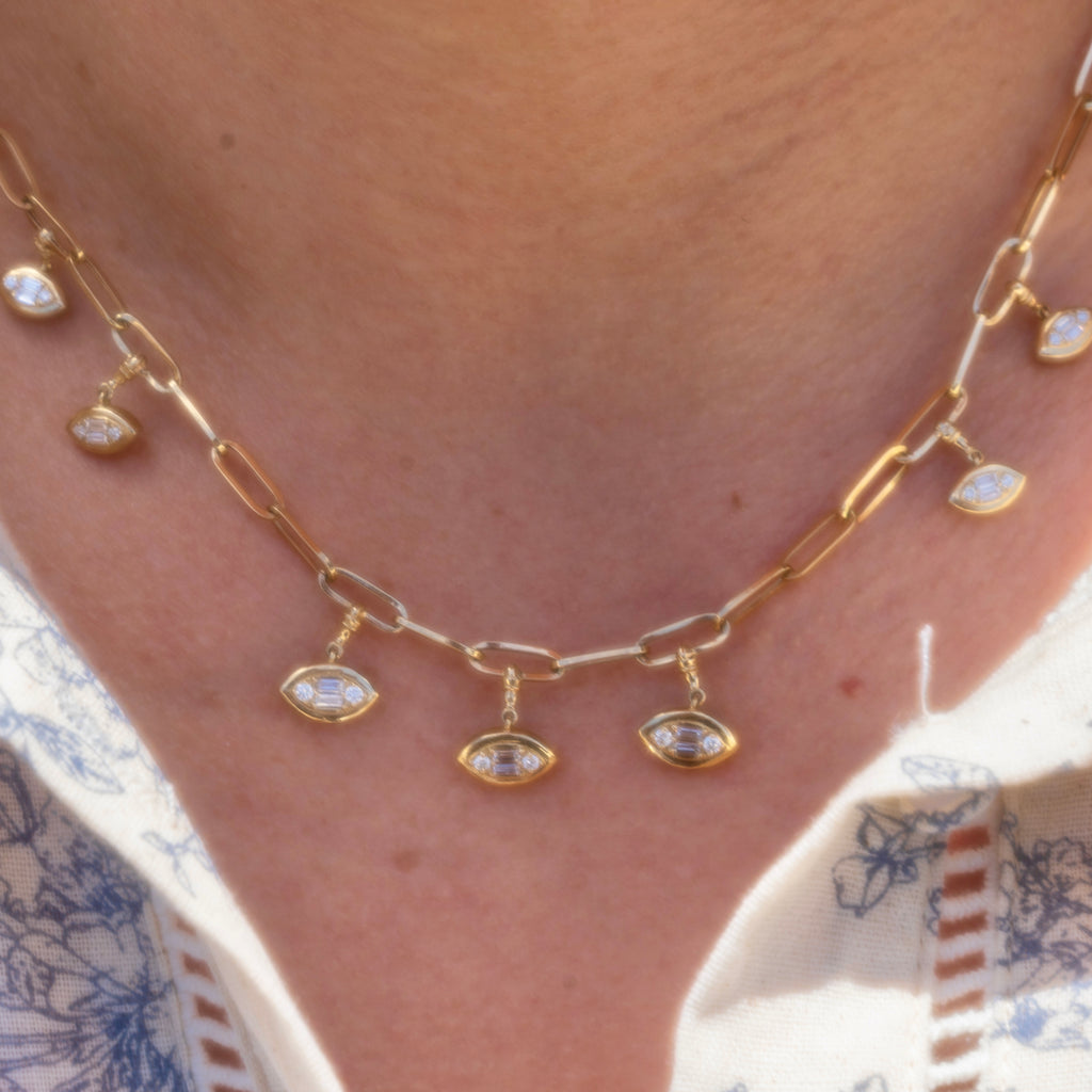 14k Guardian Eye Baguette Diamond Link Necklace