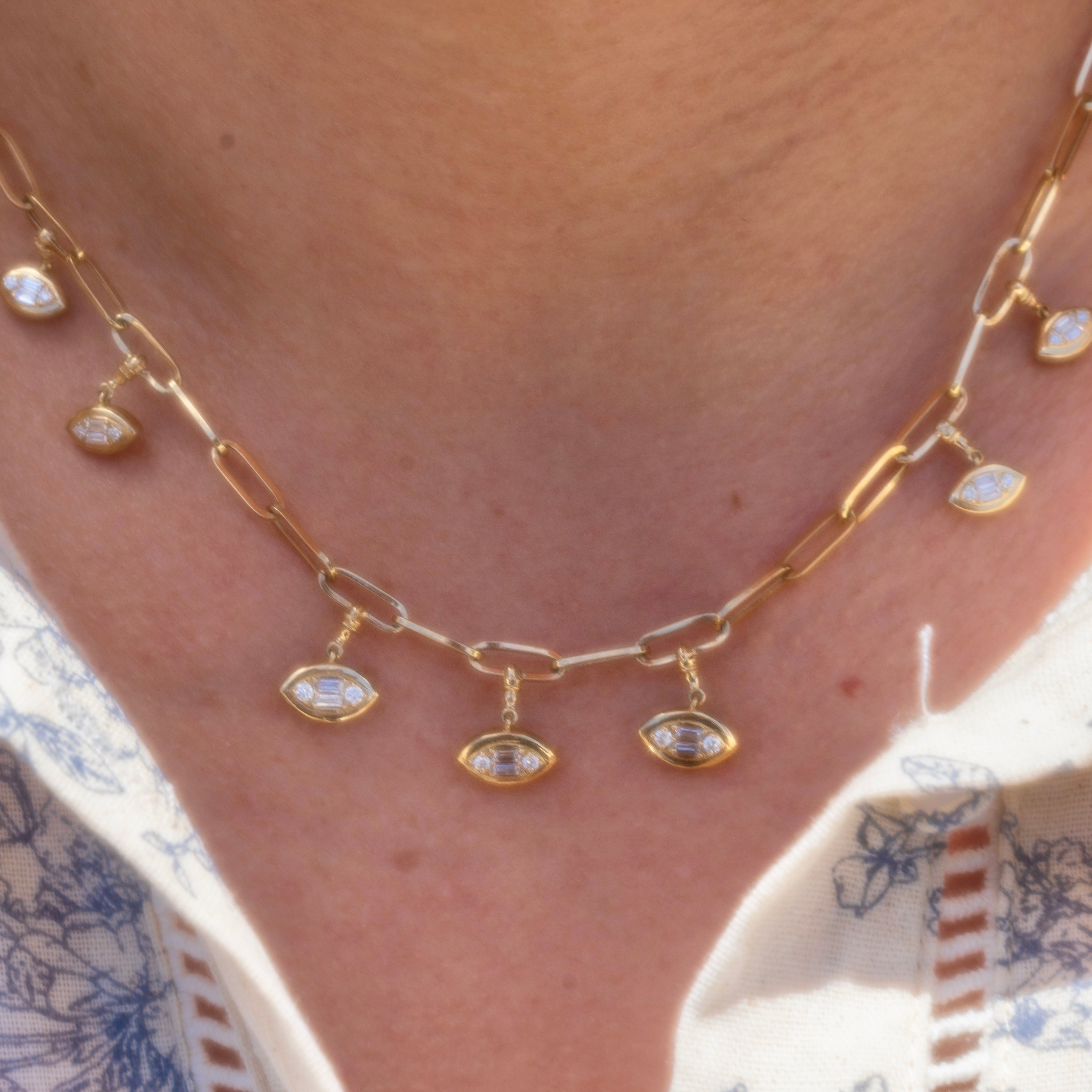14k Guardian Eye Baguette Diamond Link Necklace