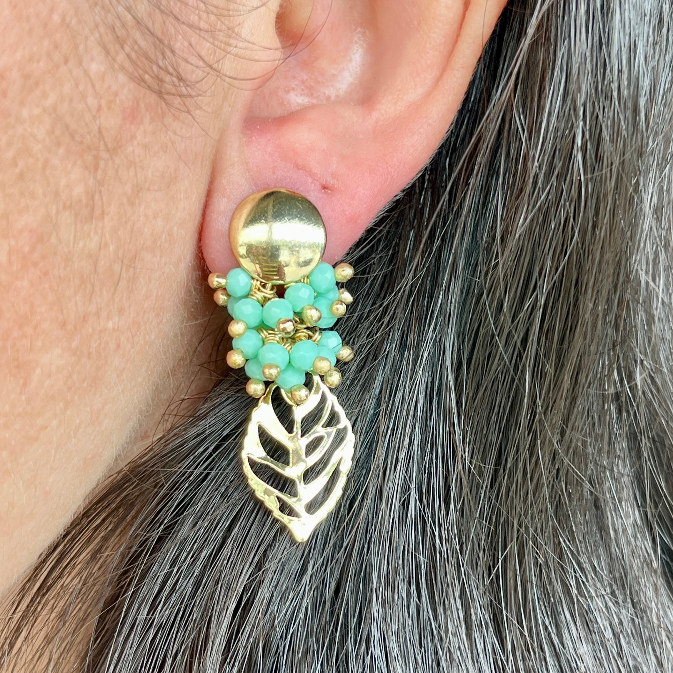Mint Czech Crystal Leaf Earrings