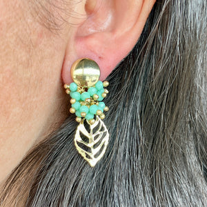 Mint Czech Crystal Leaf Earrings