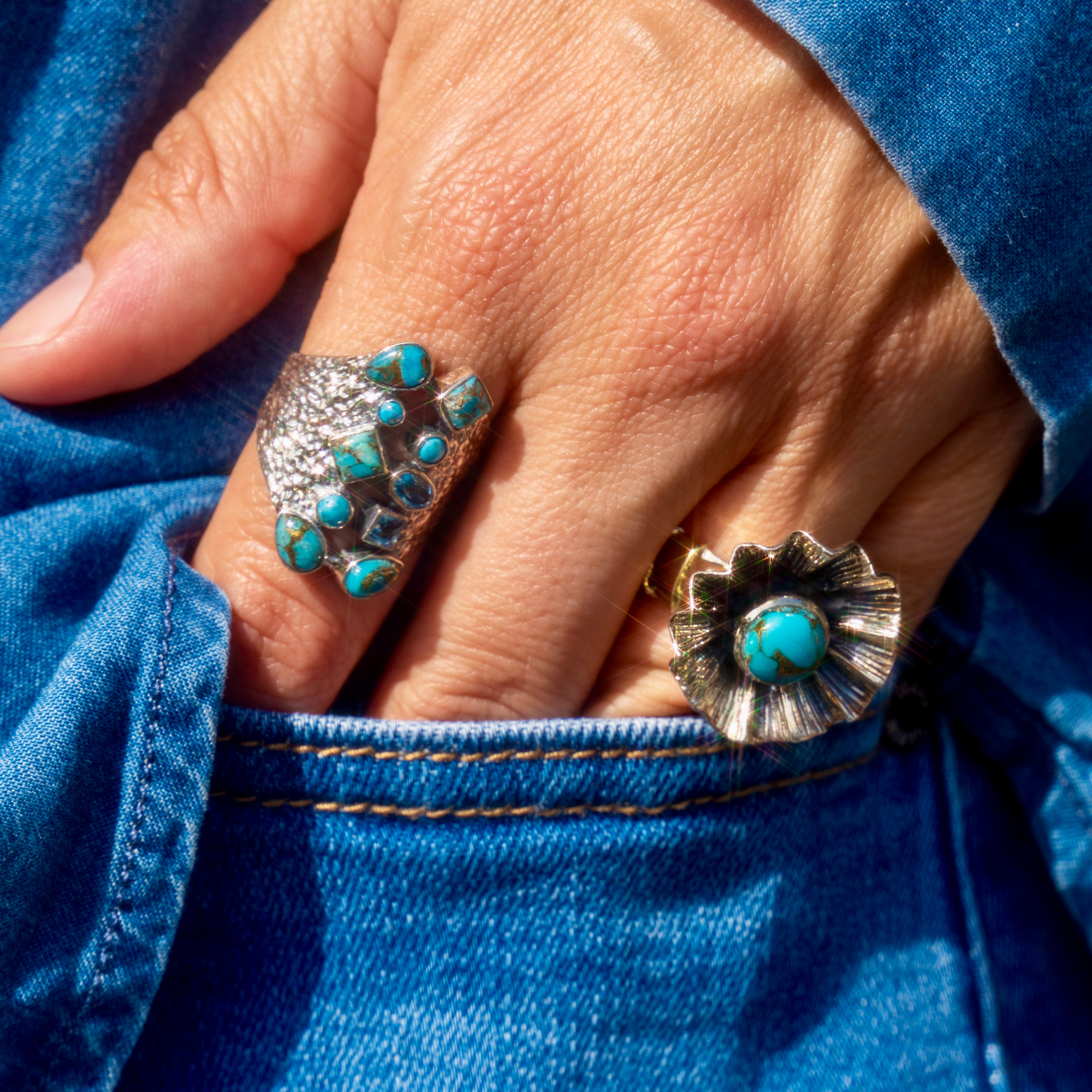 Copper Turquoise + Swiss Blue Topaz Floral Ring