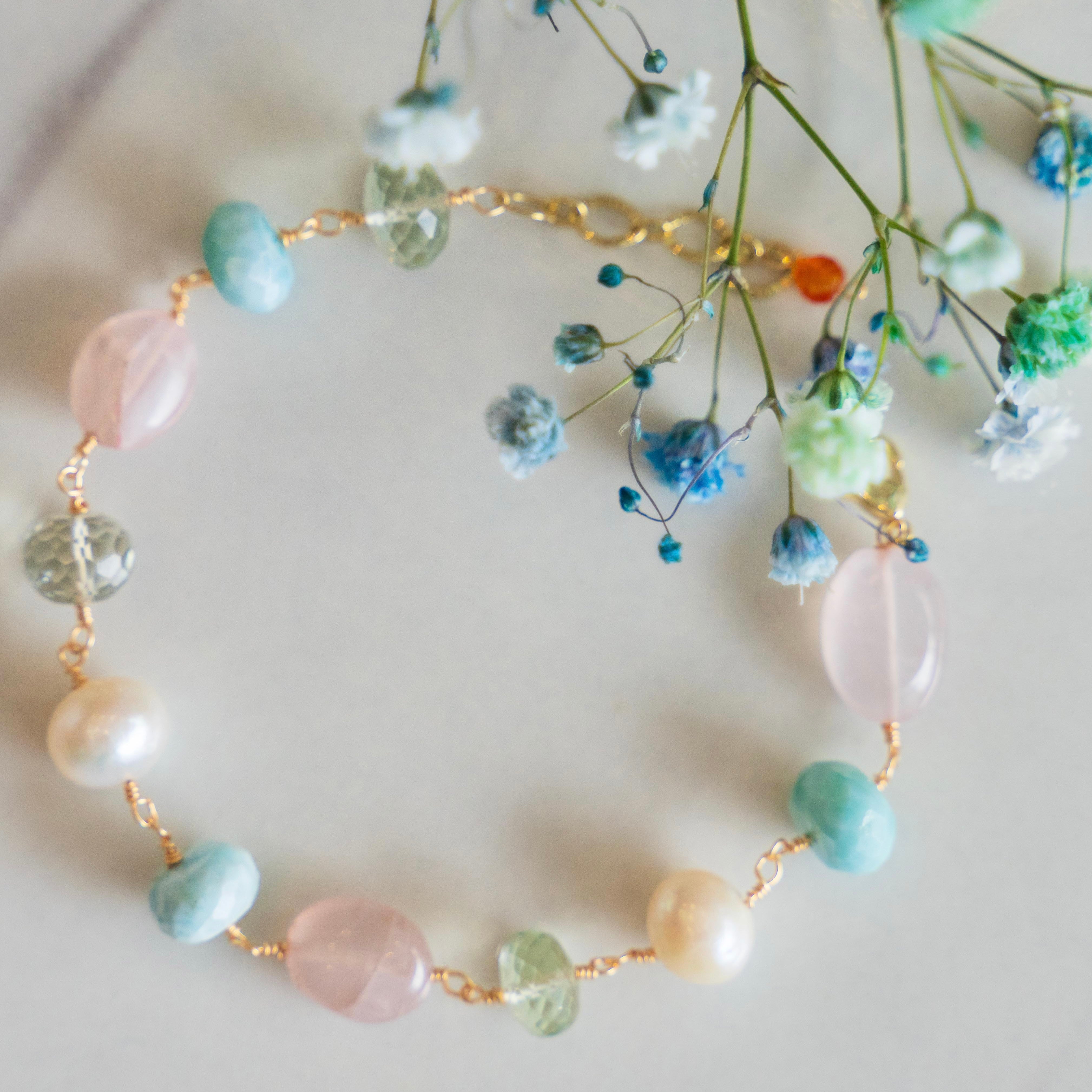 Larimar, Rose Quartz, Blue Topaz, Freshwater Pearl Bracelet