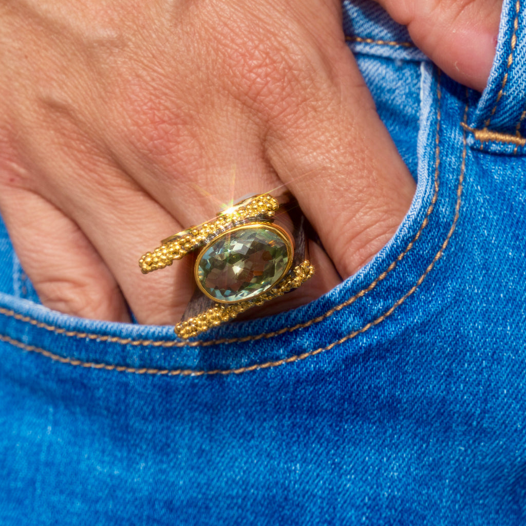 Green Amethyst One of a Kind Ring w/ Four side stones