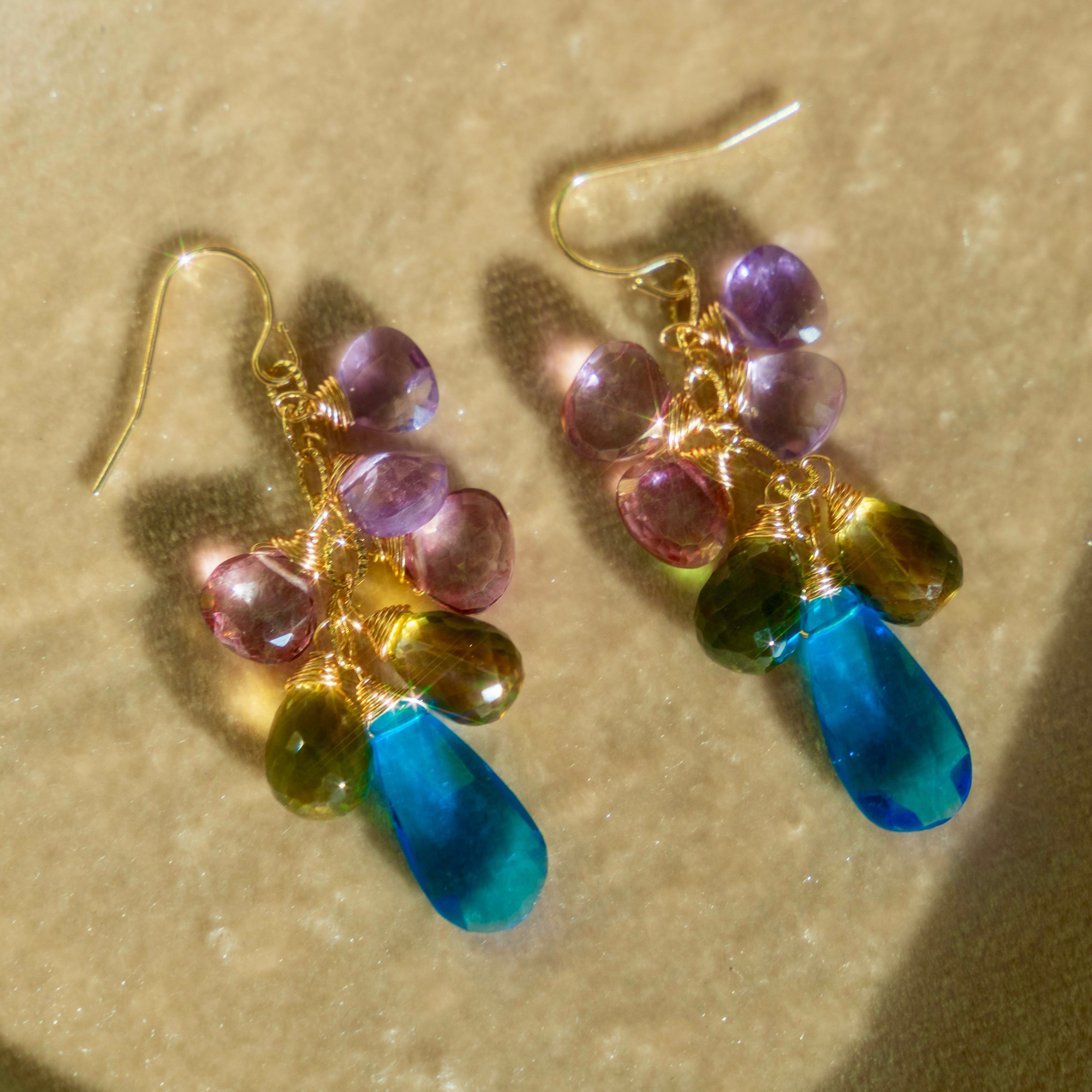 Swiss Blue Topaz, Green Tourmaline, Lemon Topaz, Iolite, Pink Topaz Earrings