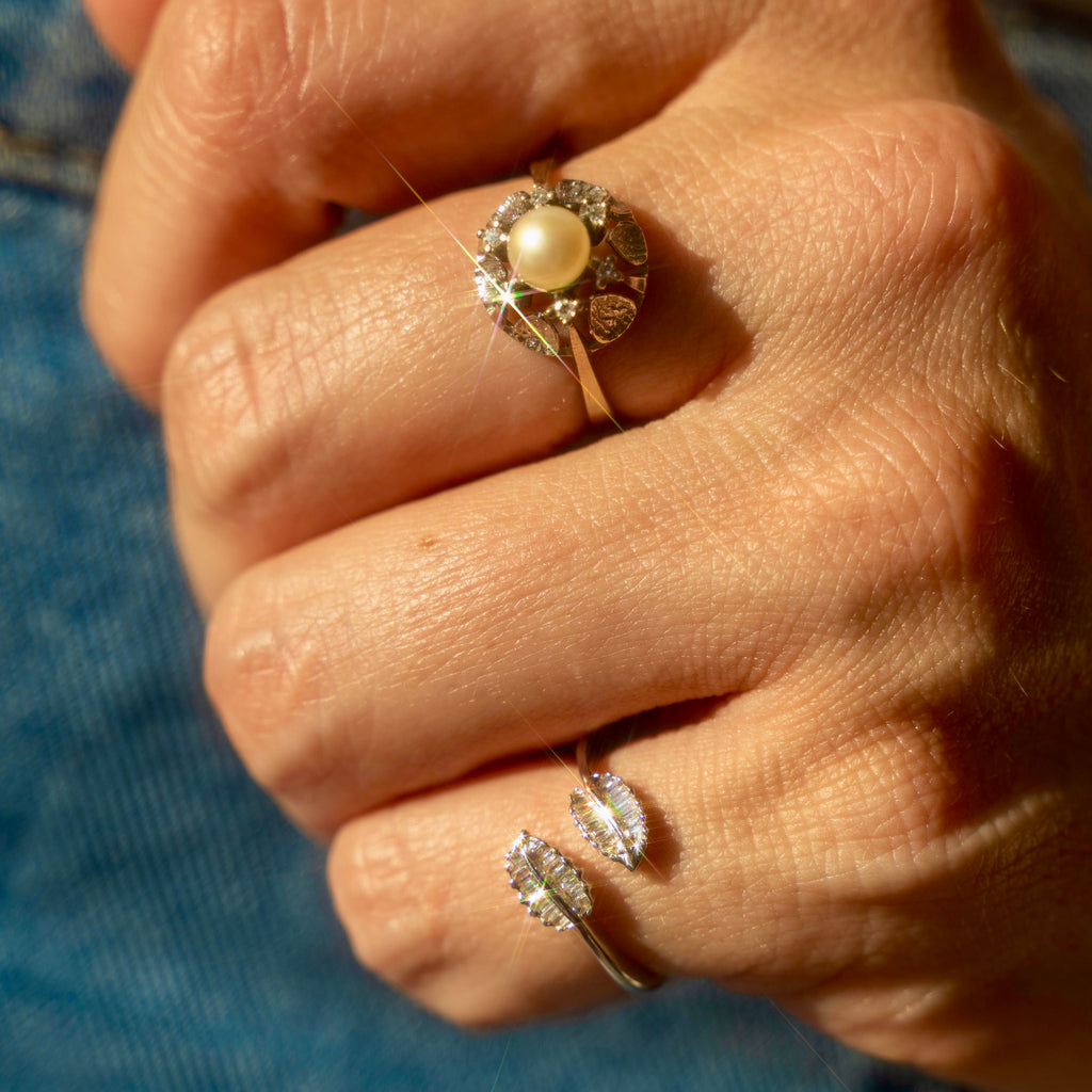 18k White Gold Vintage Pearl + Diamond Ring