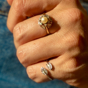18k White Gold Vintage Pearl + Diamond Ring