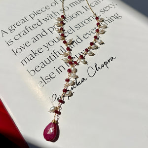 Ruby + Fresh Water Pearls Y Necklace