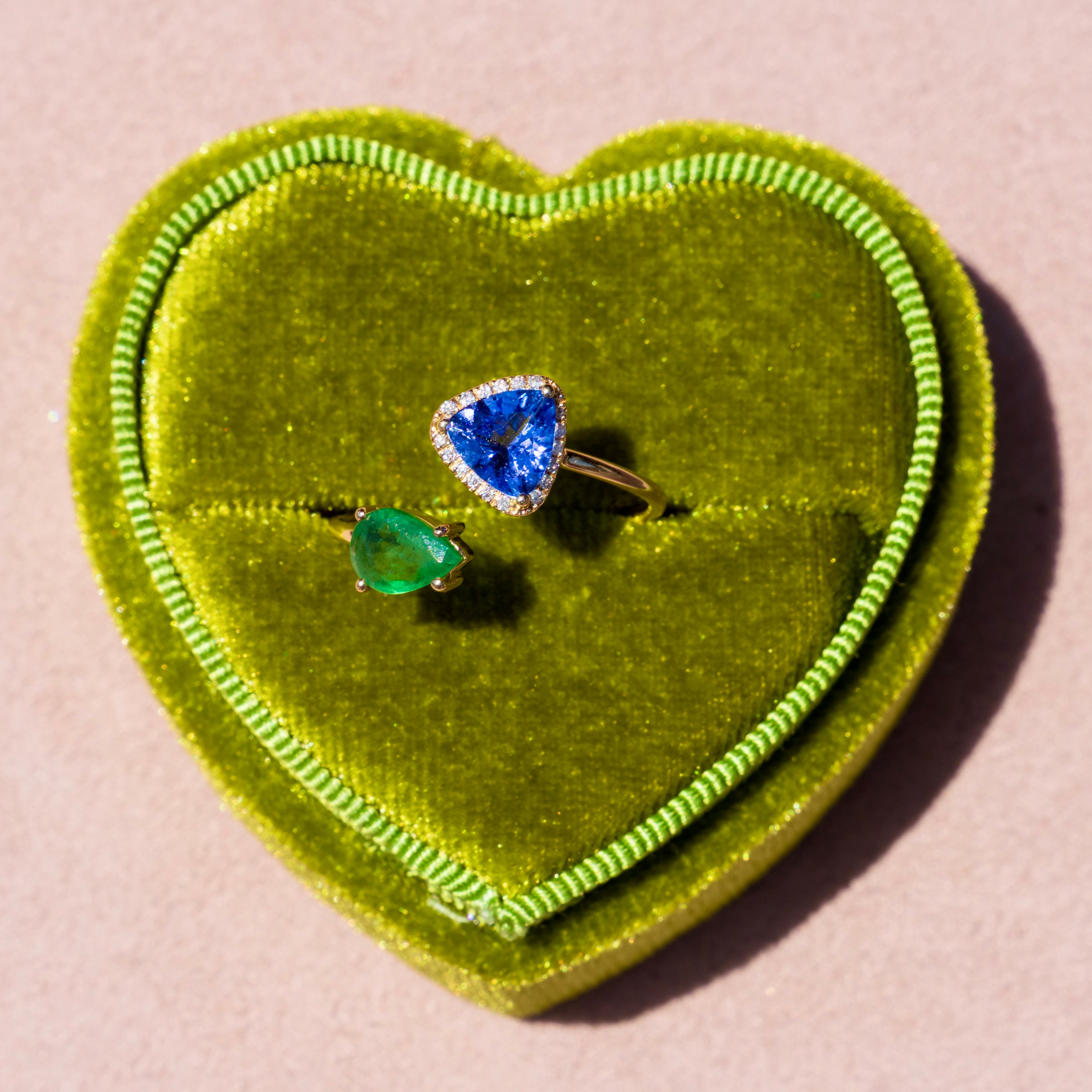 14k Tanzanite, Emerald, + Diamond Ring