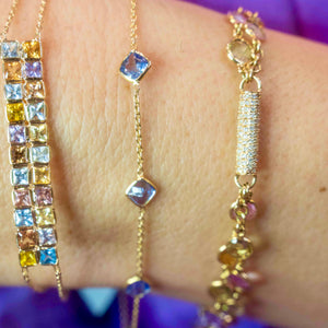 14k Multi Colored Sapphires + Diamond Bar Bracelet