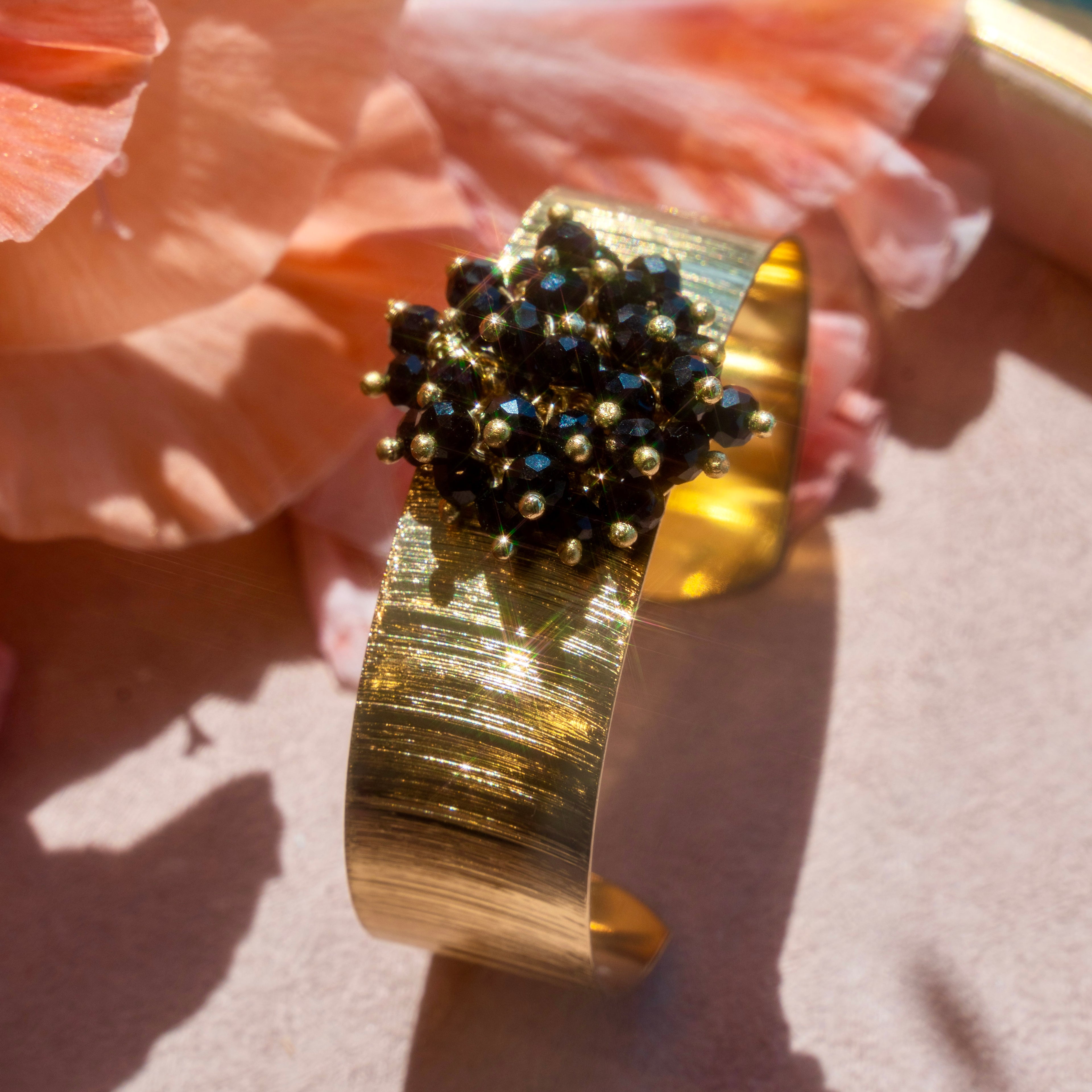 Brushed Gold Cuff w/ Black Czech Crystals