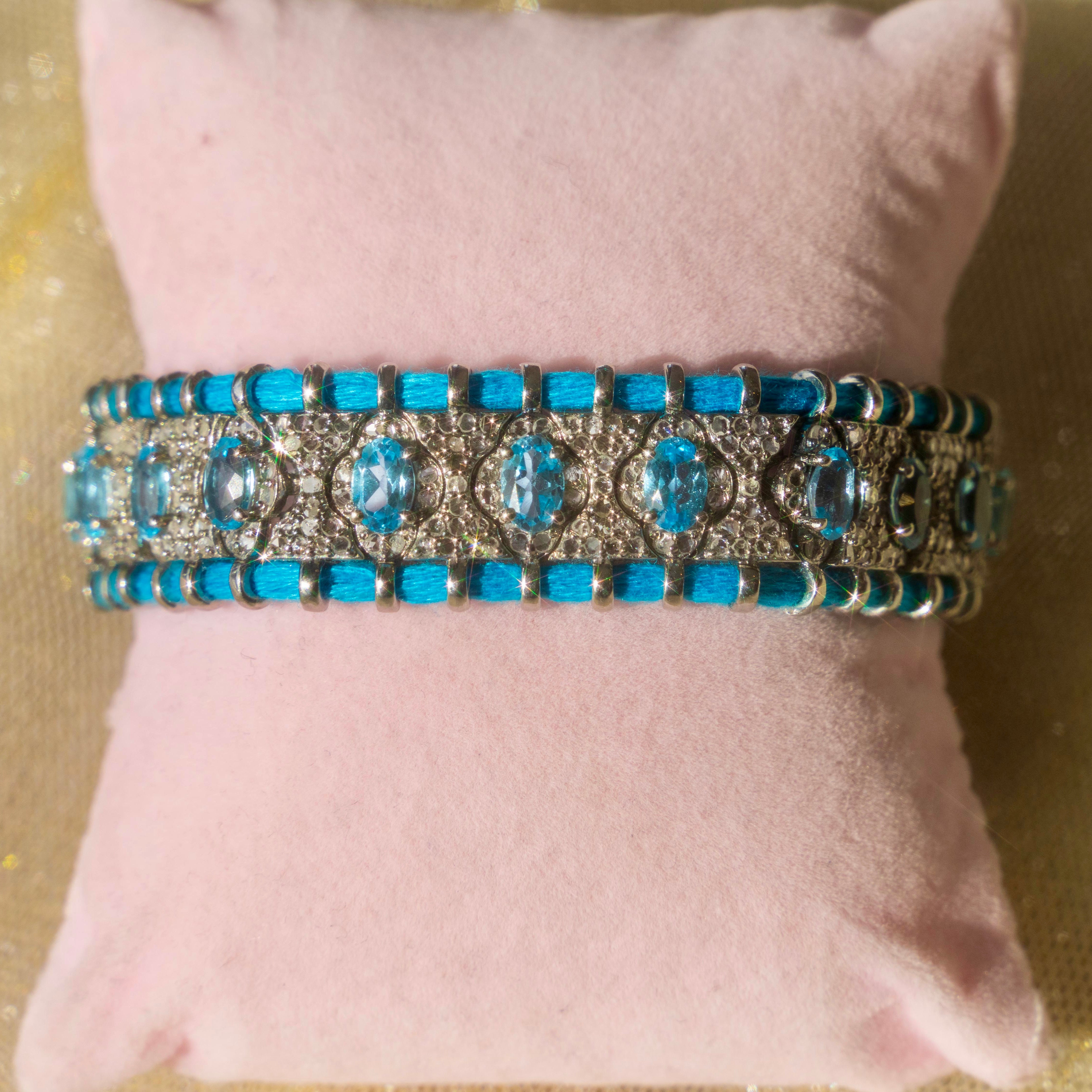Sky Blue Topaz + Diamond Cotton Woven Bracelet