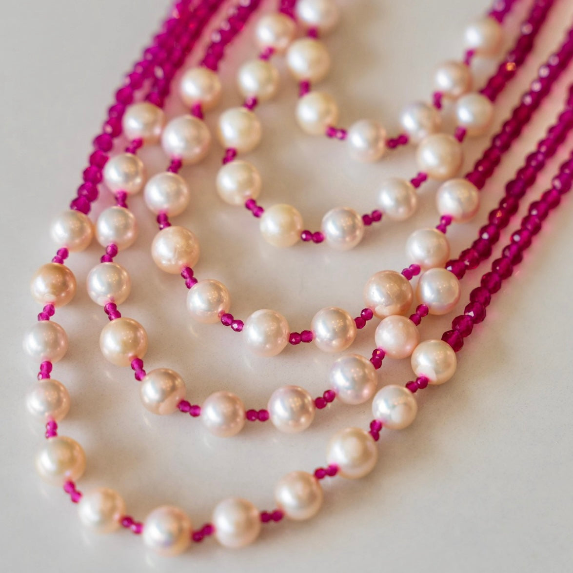 Champagne Pink Pearls + Rubelite Necklace