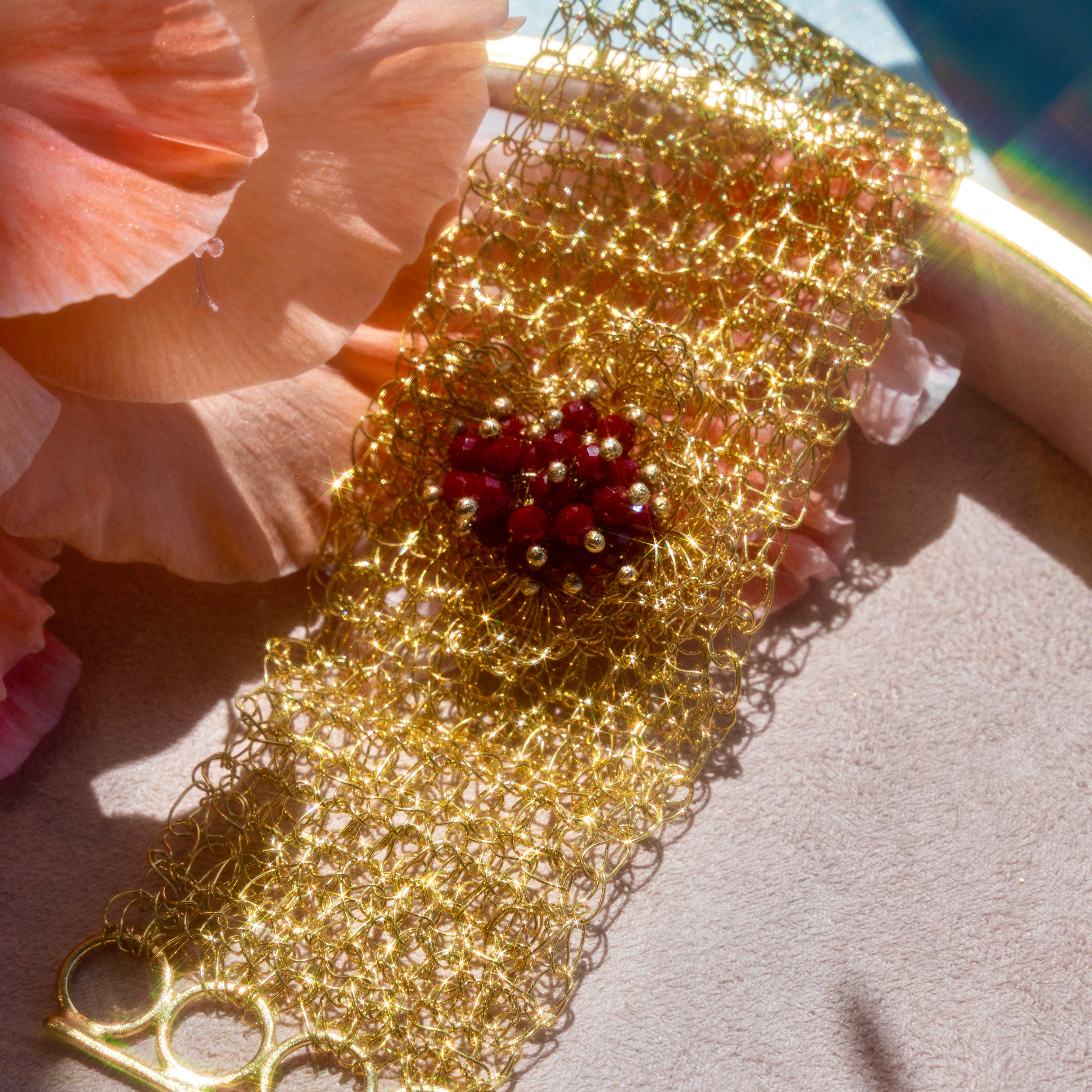 Gold Crochet Bracelet w/ Red Czech Crystal Floral