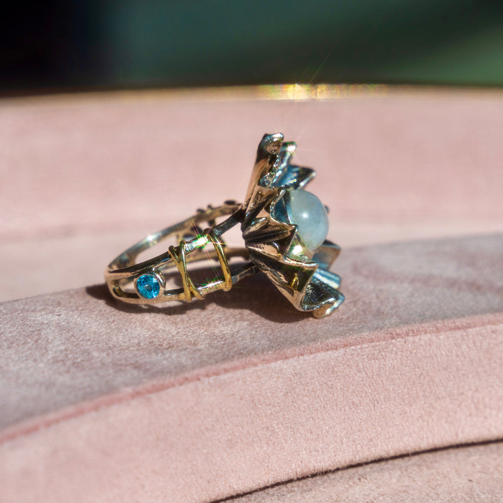 Rainbow Moonstone + Swiss Blue Topaz Floral Ring
