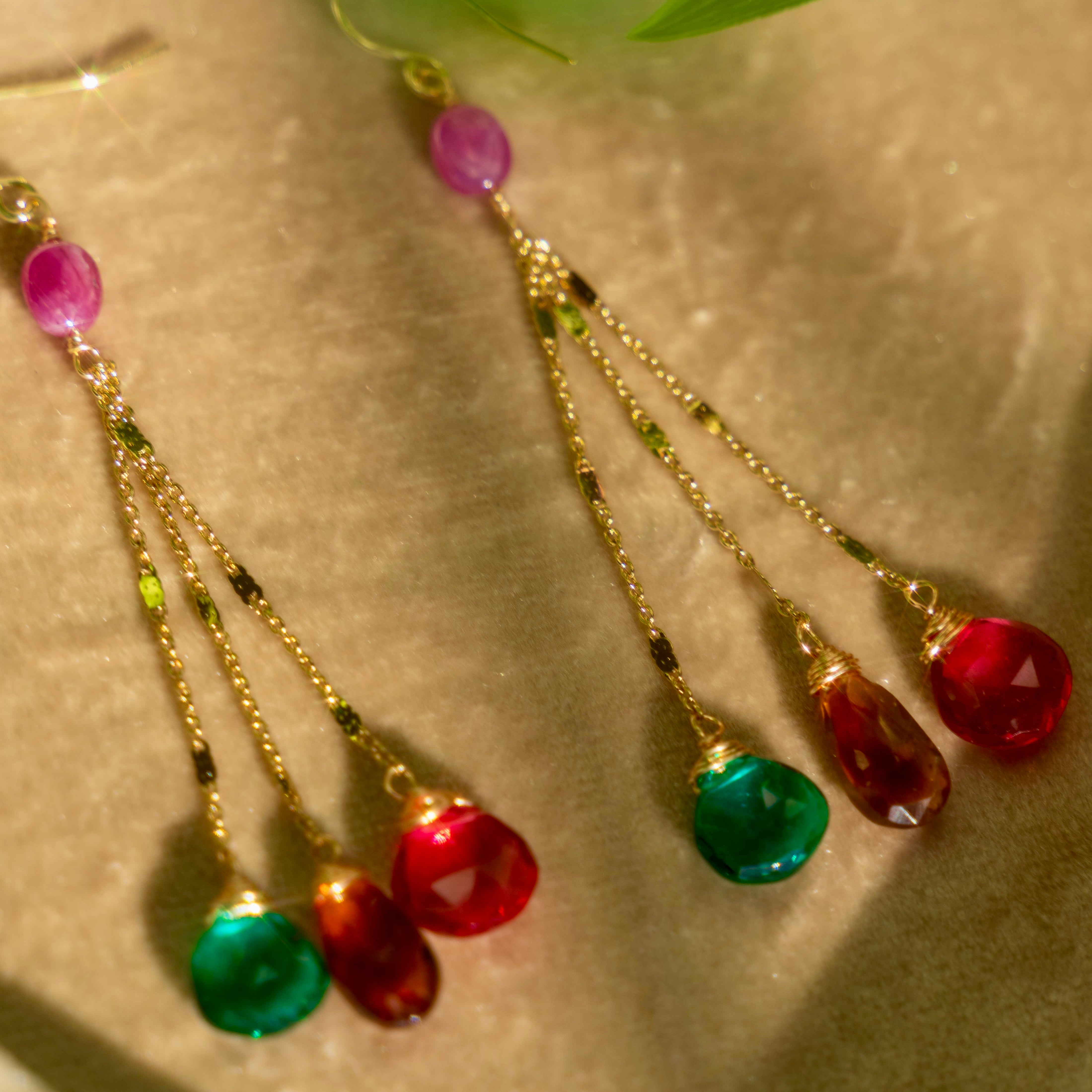 Green Apatite, Rubellite, Pink Ruby, + Citrine Earrings