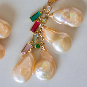 Champagne Pink Pearl Earrings w/ Tourmalines, Pink + Blue Topaz