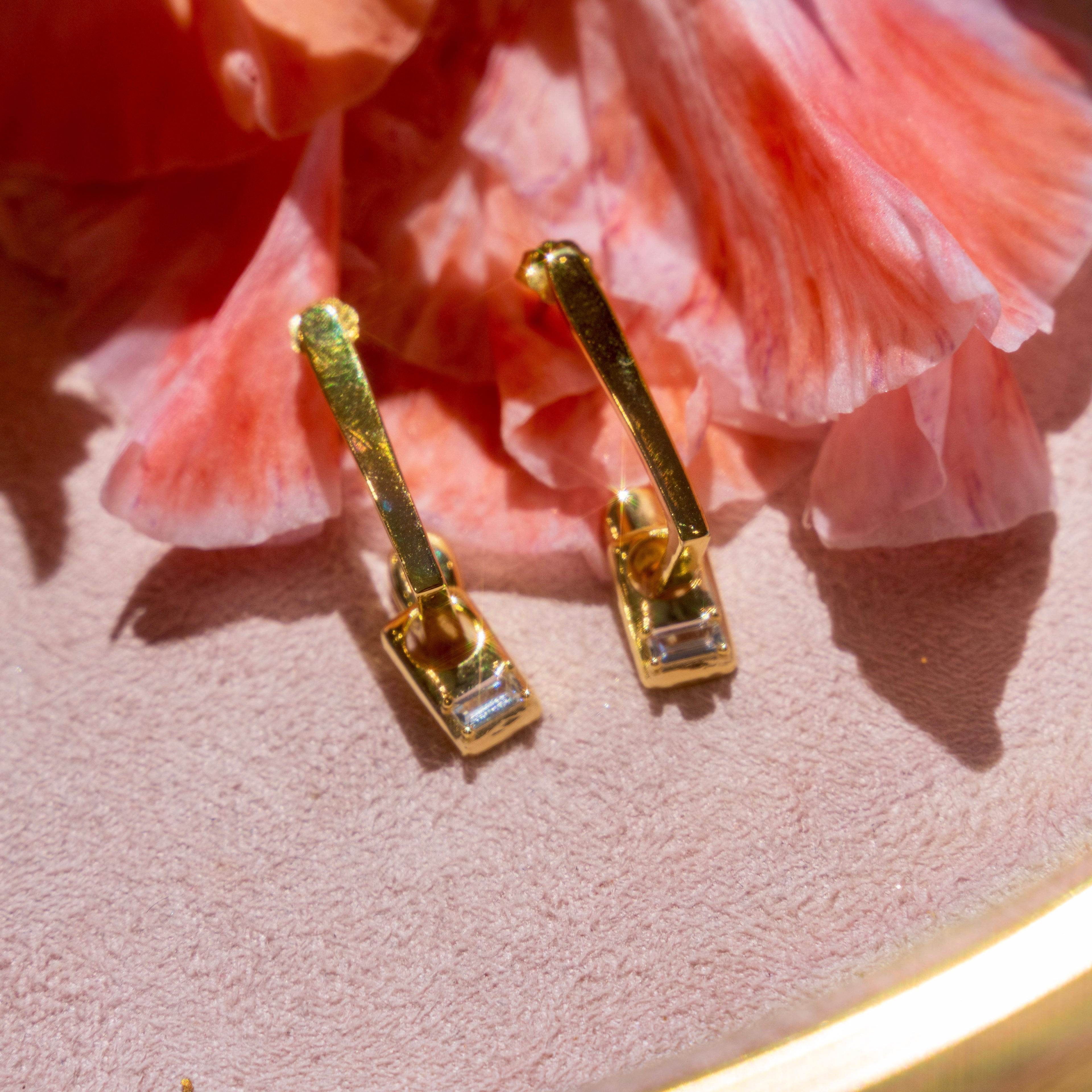 Gold Rectangular Hoops w/ Baguette Charm