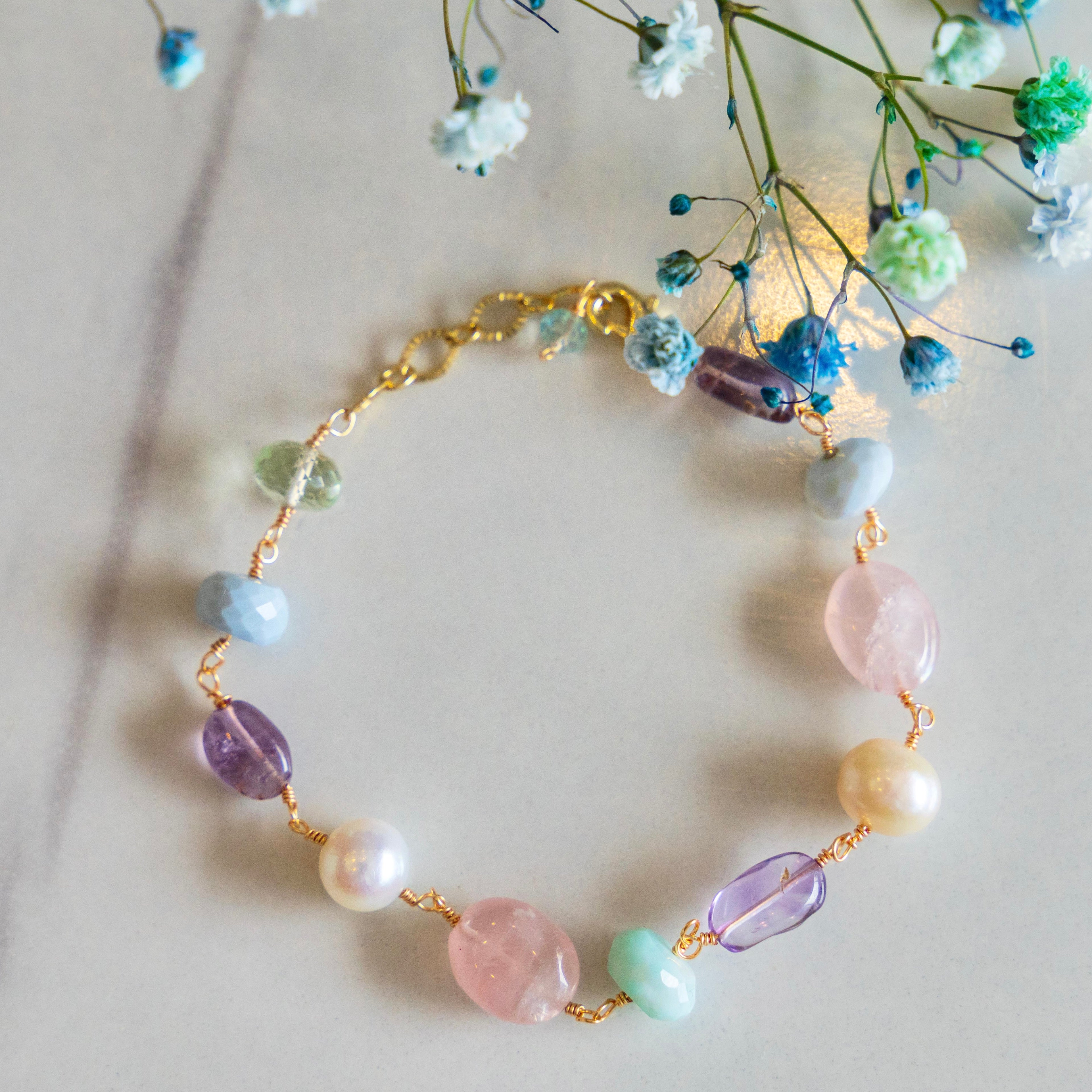 Larimar, Rose Quartz, Blue Topaz, Freshwater Pearl, Amethyst Bracelet