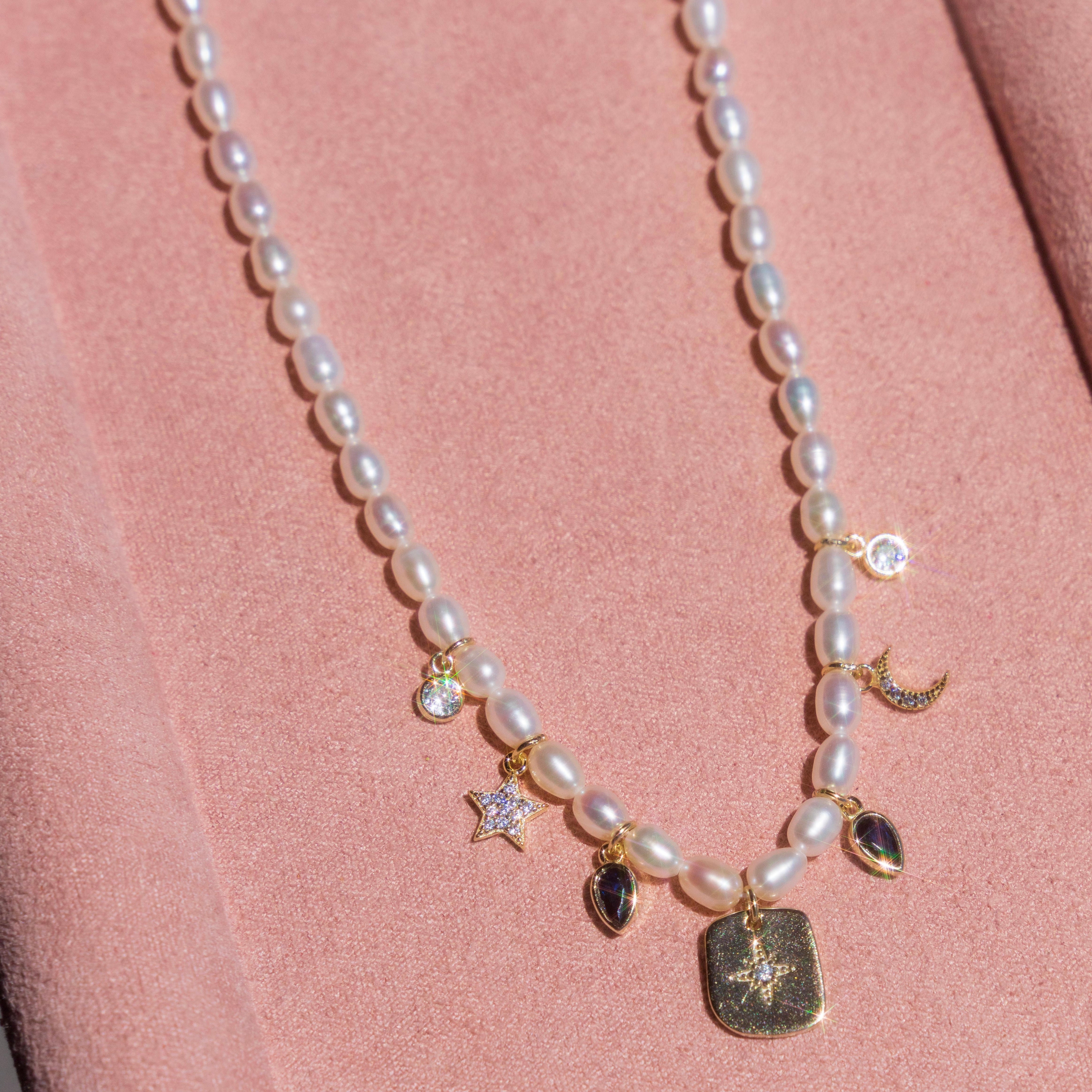 Freshwater Pearl Moon + Star Necklace