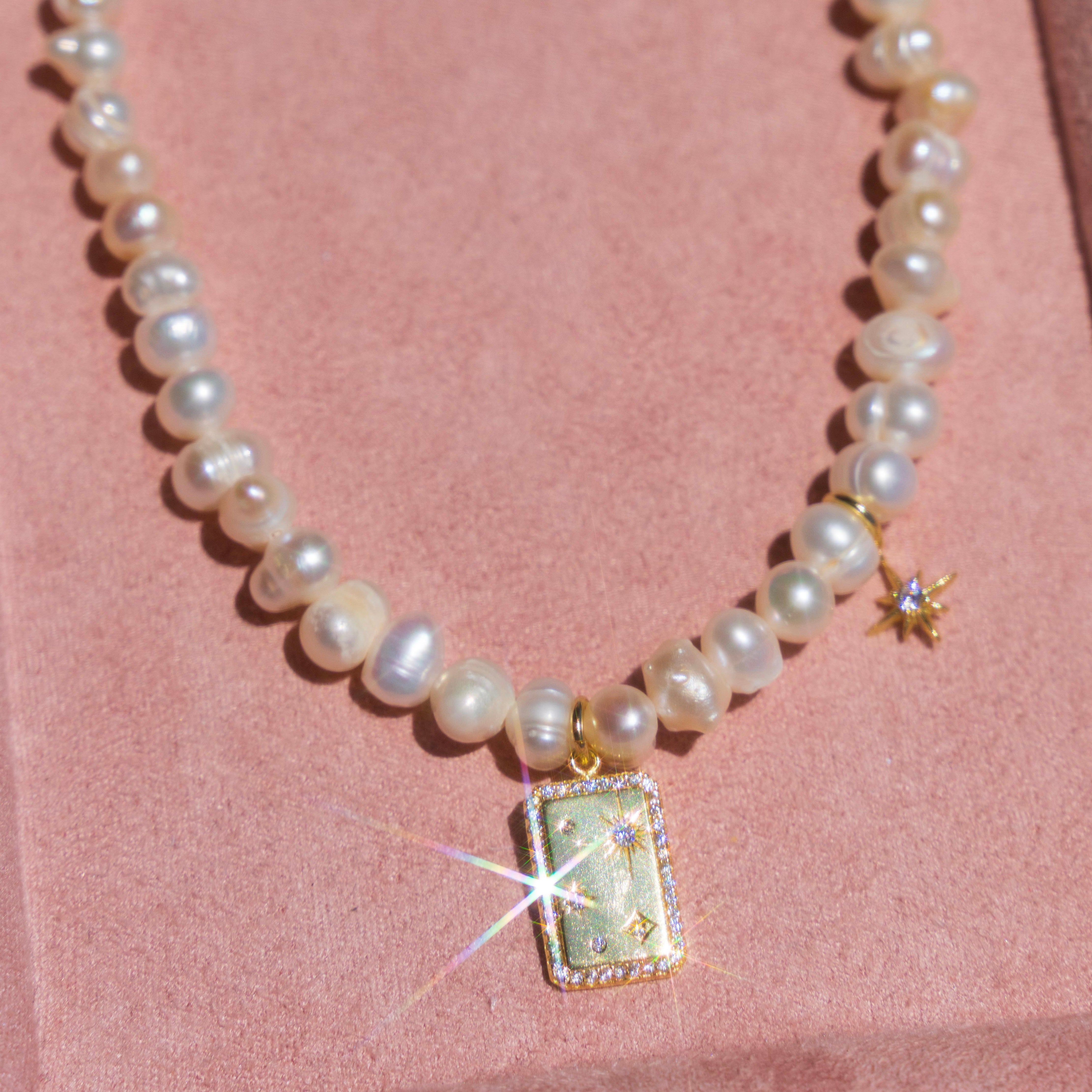 Freshwater Pearl Star + Moon Bar Necklace