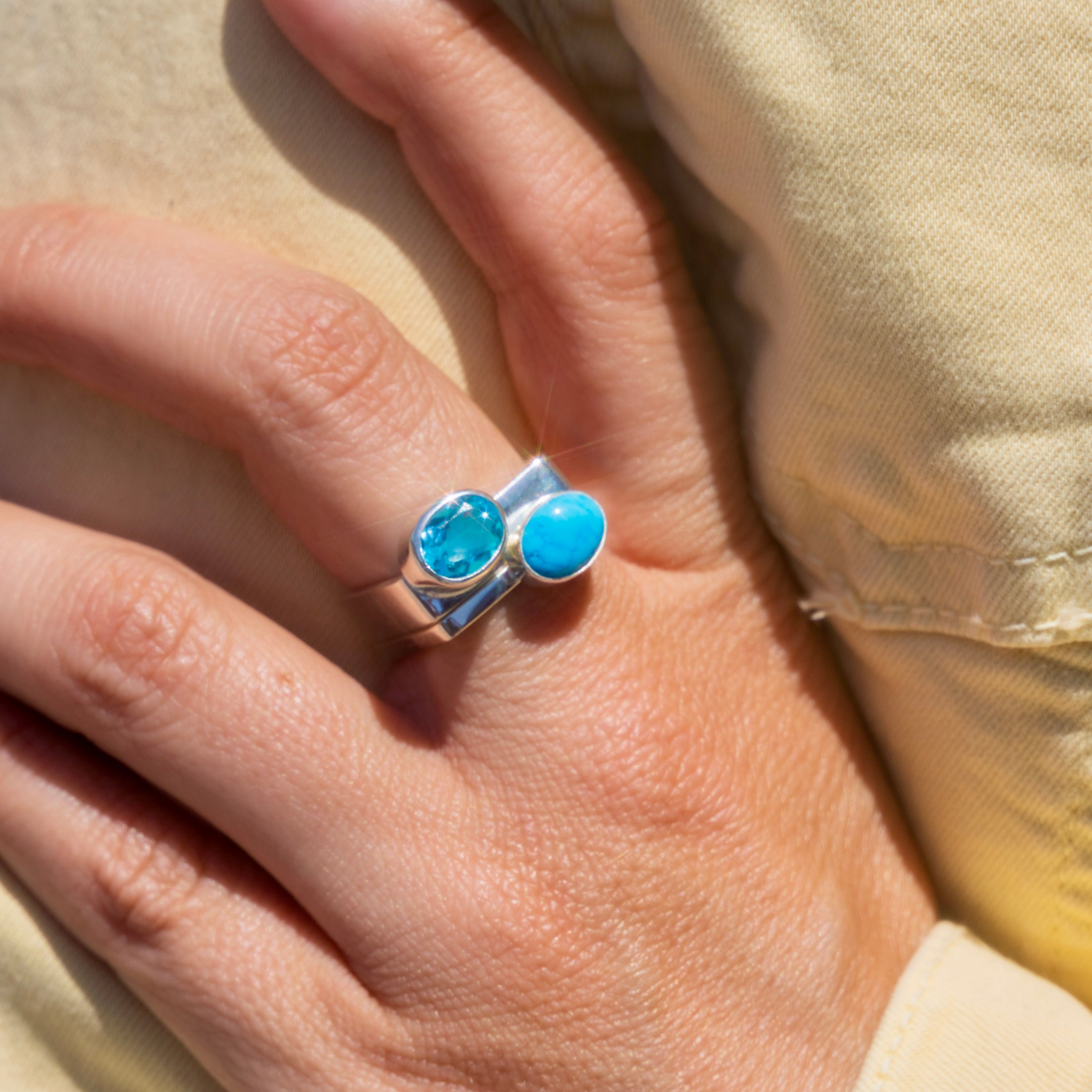 Blue Topaz + Turquoise Square Stacker Rings (set of 2)