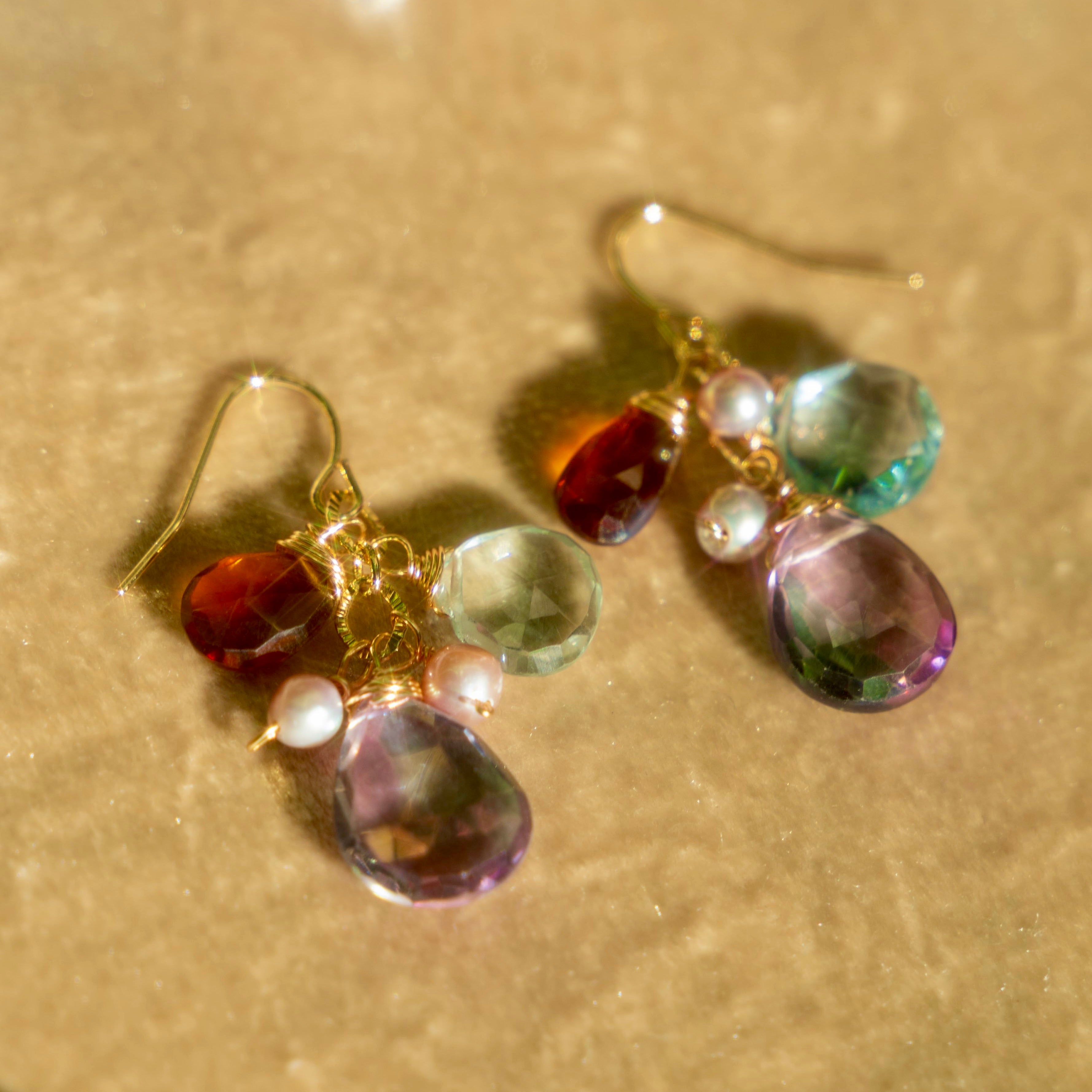 Mystic Topaz, Blue Topaz, Citrine, + Champagne Pink Freshwater Pearl Earrings