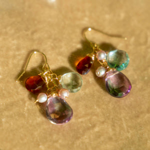 Mystic Topaz, Blue Topaz, Citrine, + Champagne Pink Freshwater Pearl Earrings