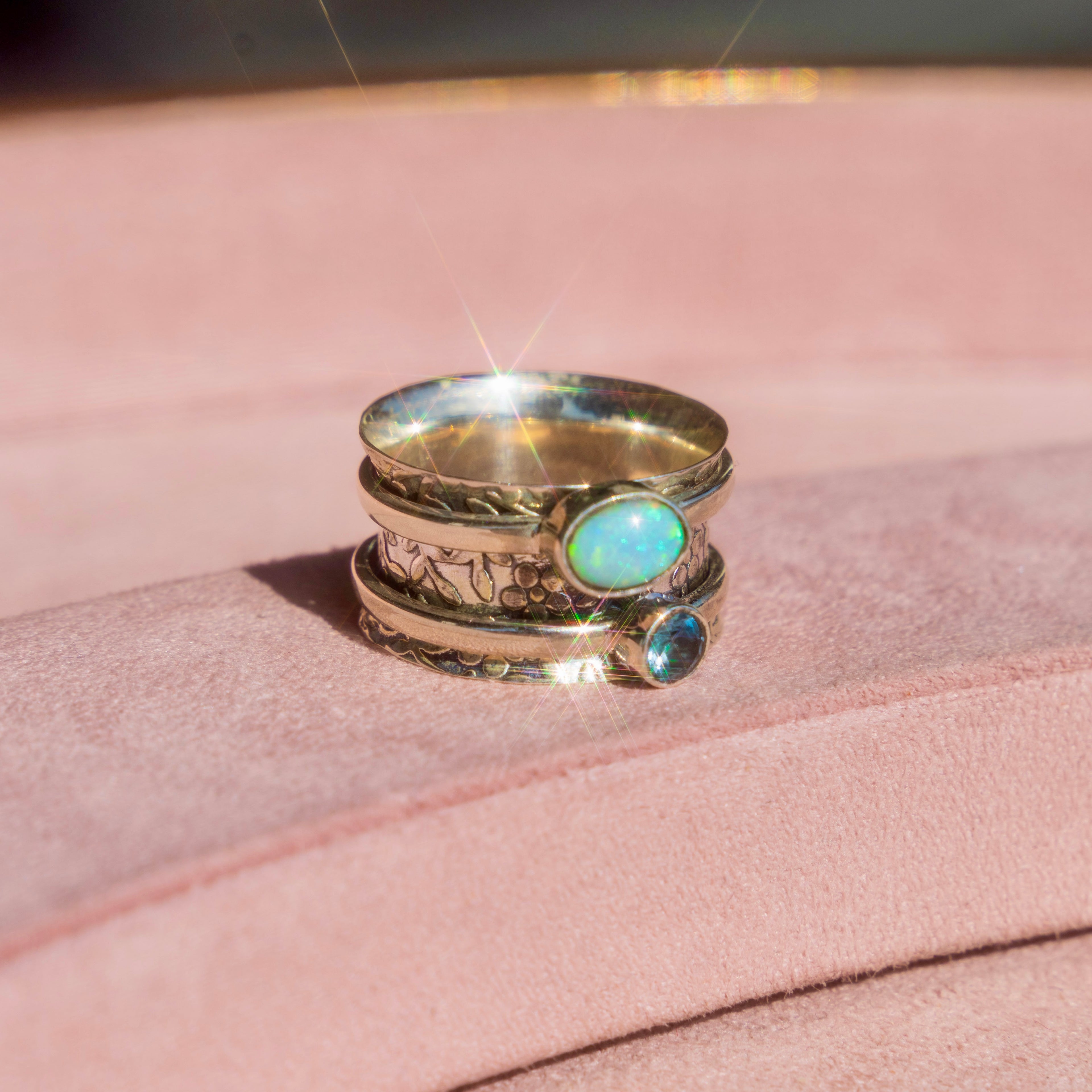 Sterling Silver Spinner Ring with Opal + Blue Topaz
