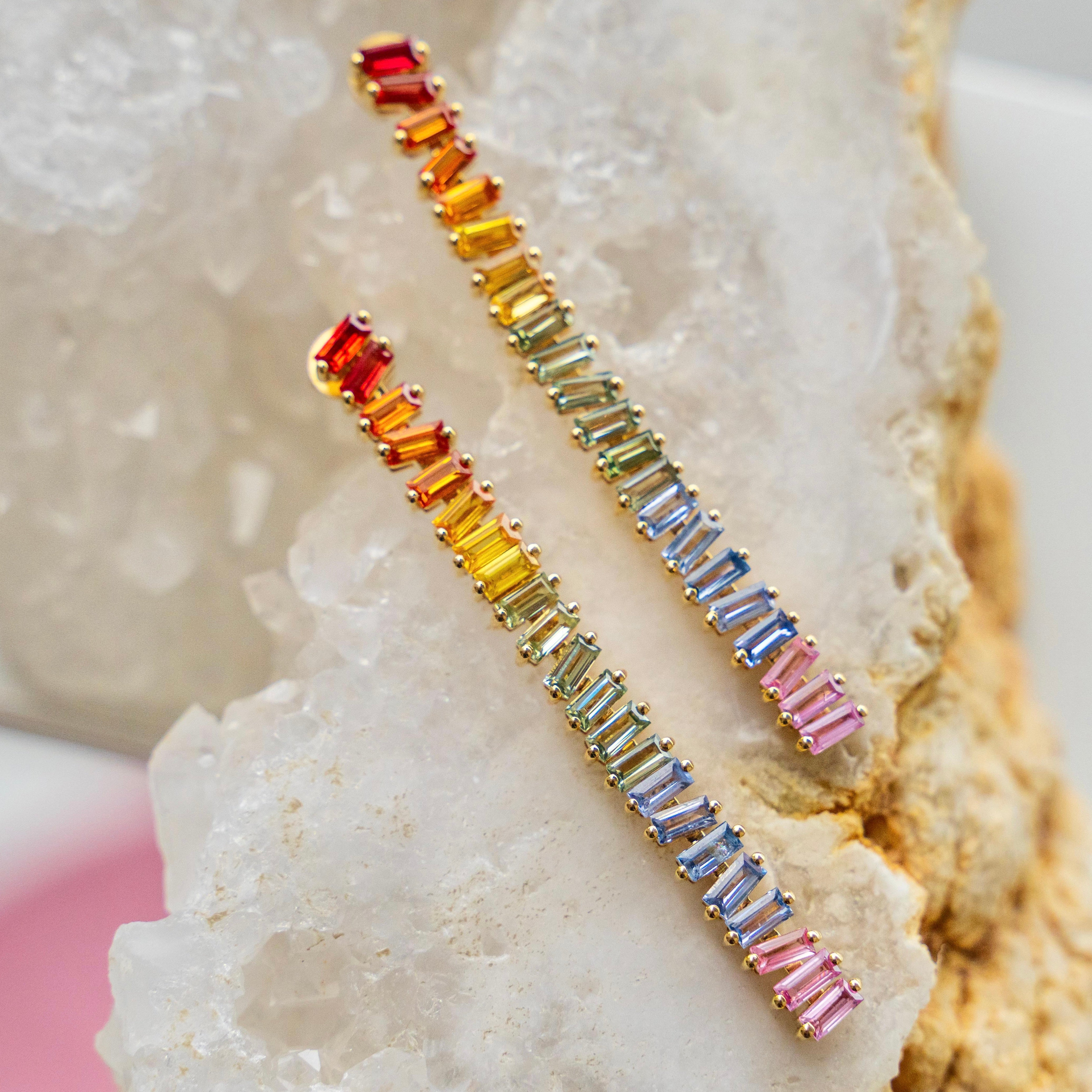 14k Baguette Rainbow Sapphire Earrings