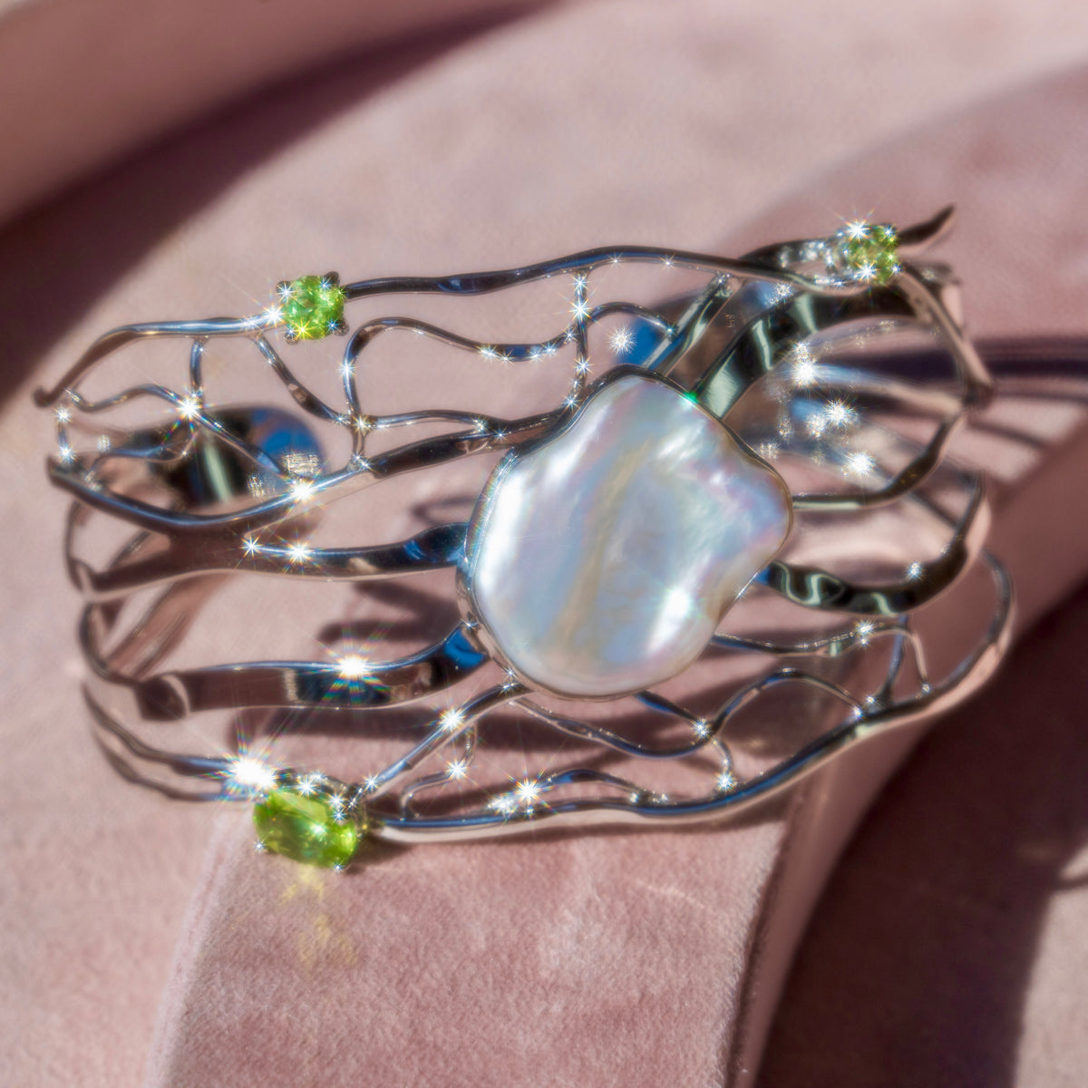 Sterling Silver Cuff w/ Fresh Water Pearl + Peridot