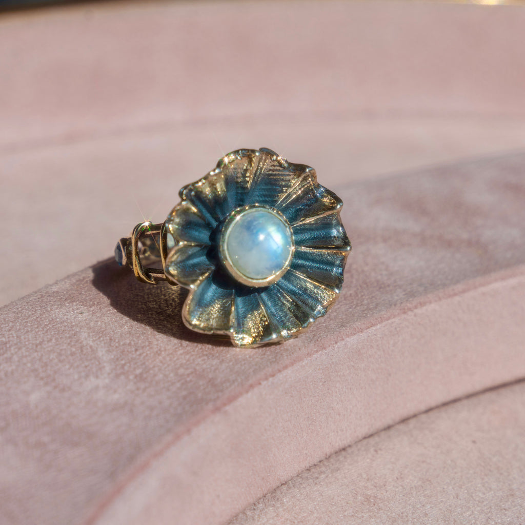 Rainbow Moonstone + Swiss Blue Topaz Floral Ring