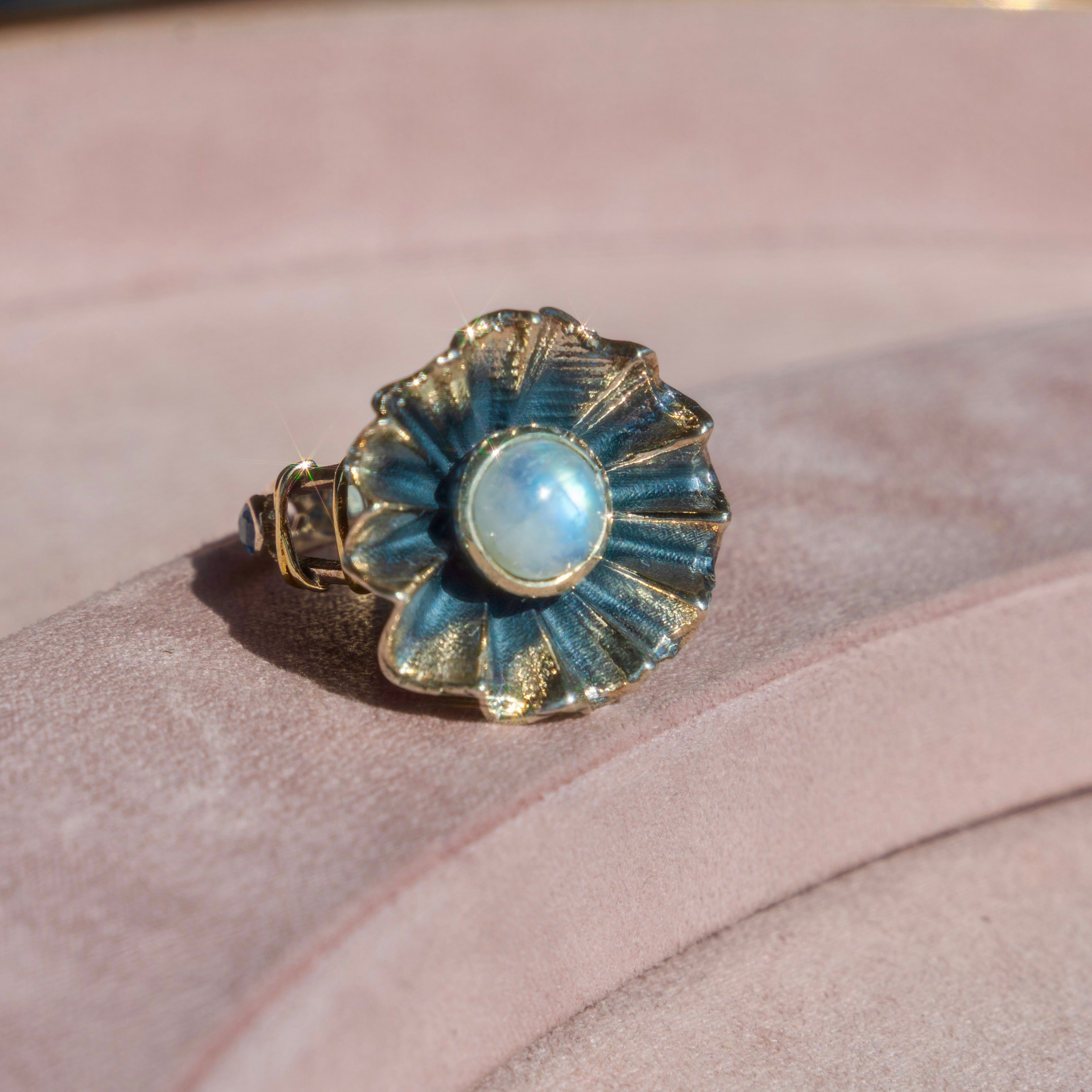 Rainbow Moonstone + Swiss Blue Topaz Floral Ring