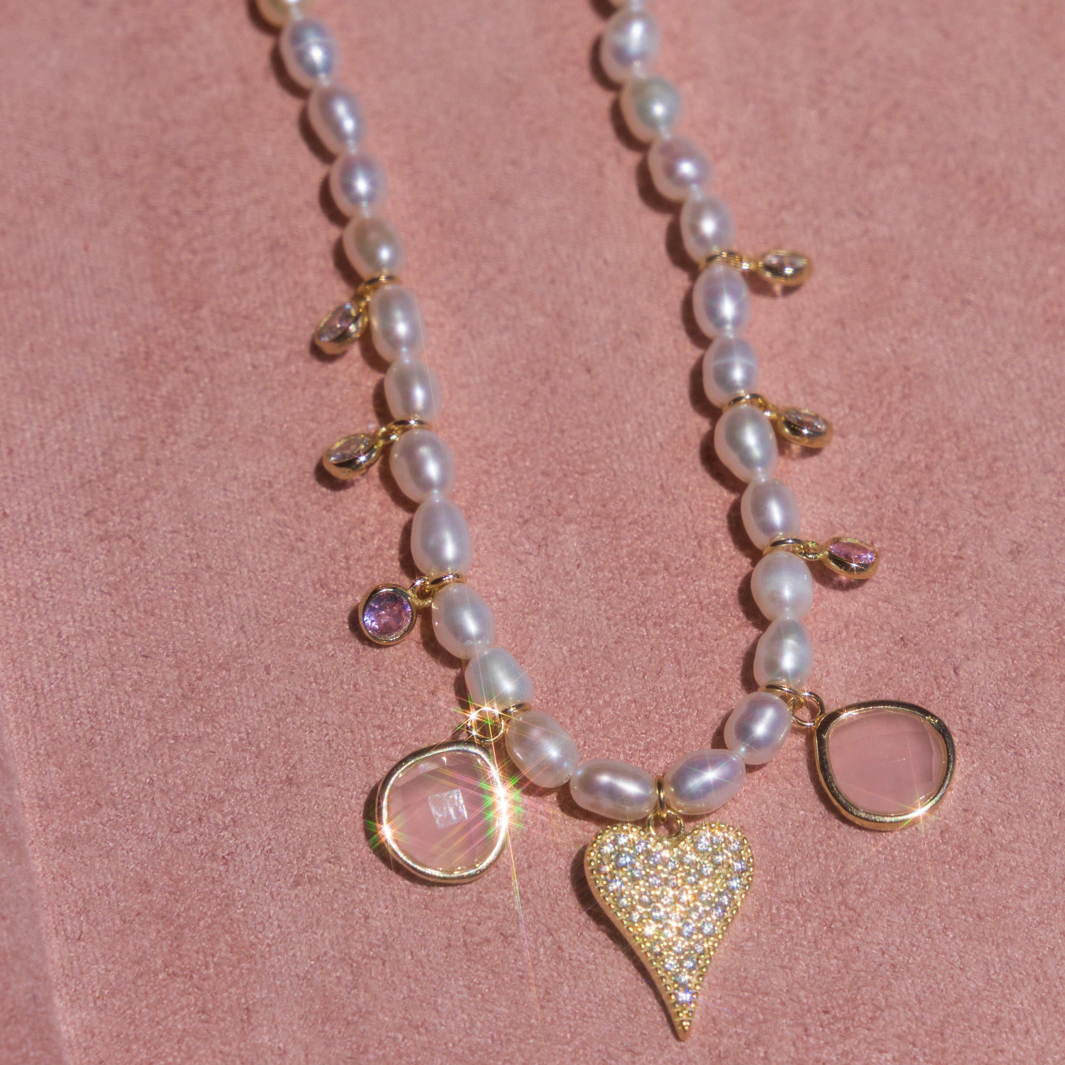Freshwater Pearl Heart + Pink Cz Necklace