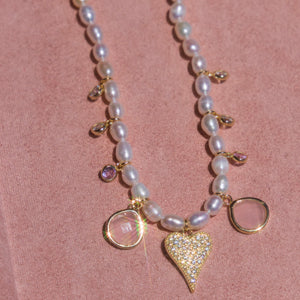 Freshwater Pearl Heart + Pink Cz Necklace