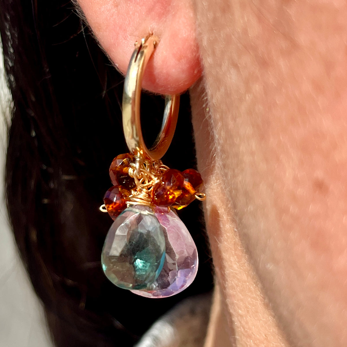Pink Topaz, Moss Quartz, Smoky Quartz, + Madeira Citrine Hoops