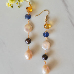 Citrine, Iolite, Akoya Coin Pearl, Freshwater Pearl, + Peacock Blue Pearl Earrings