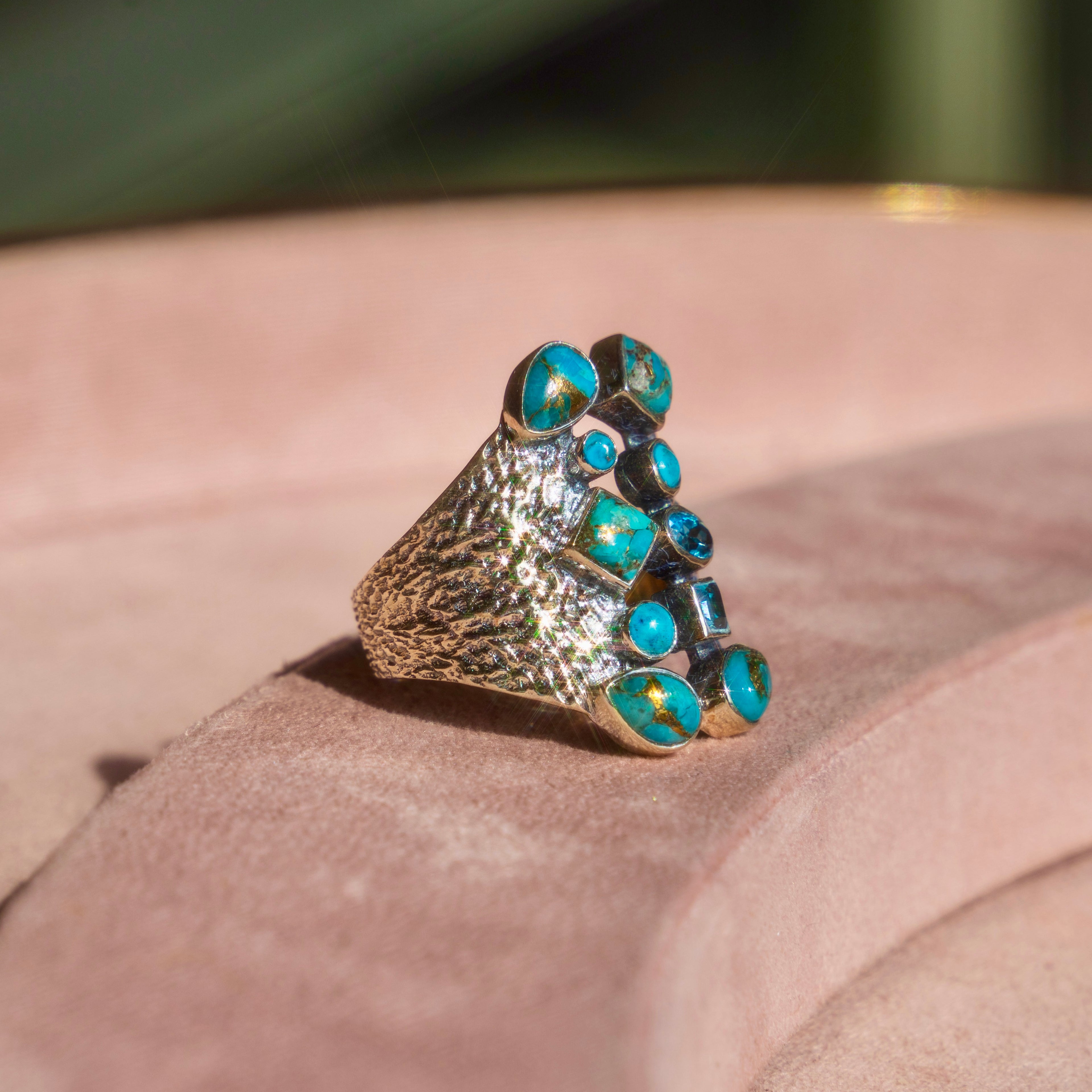 Sterling Silver Copper Turquoise + Blue Topaz Ring