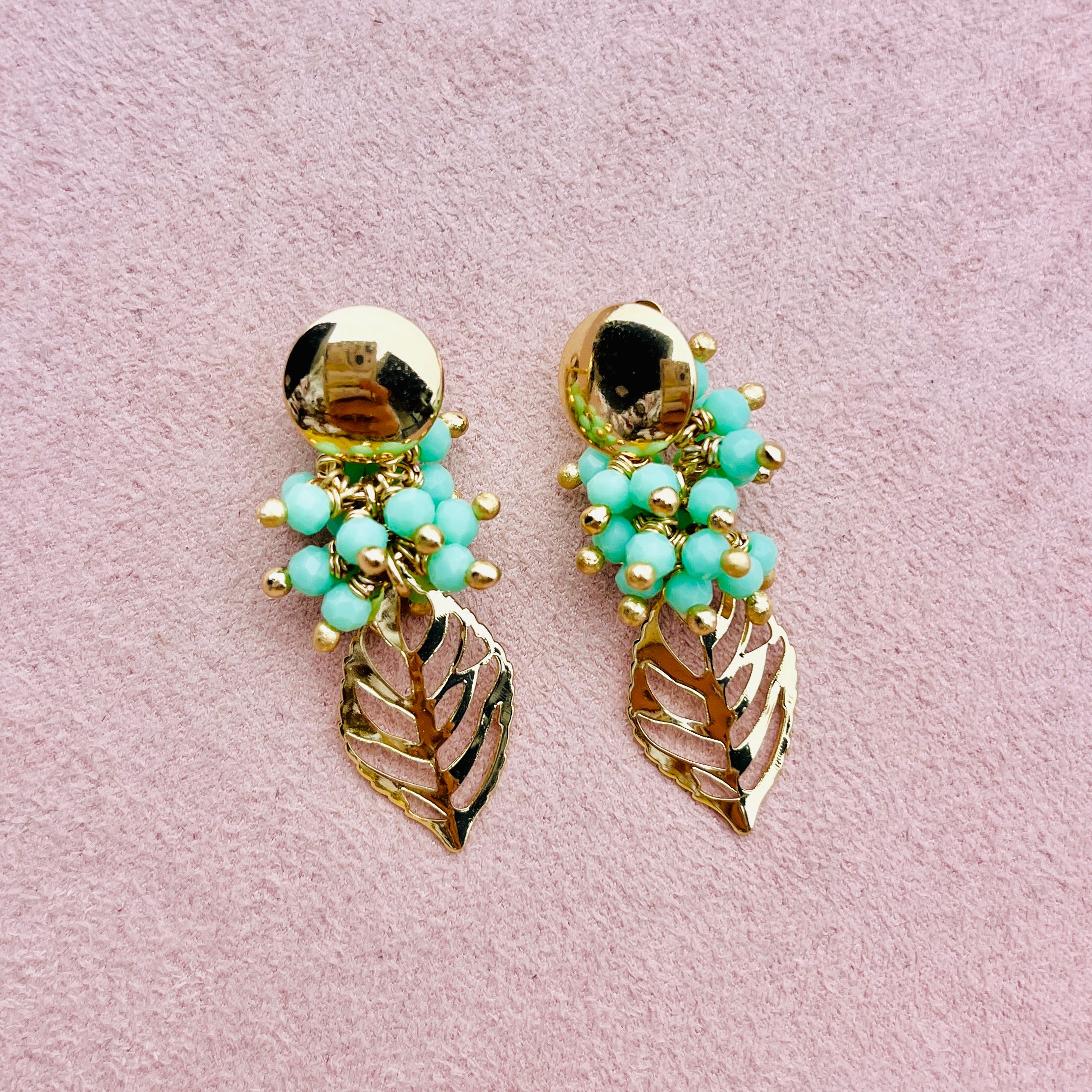 Mint Czech Crystal Leaf Earrings