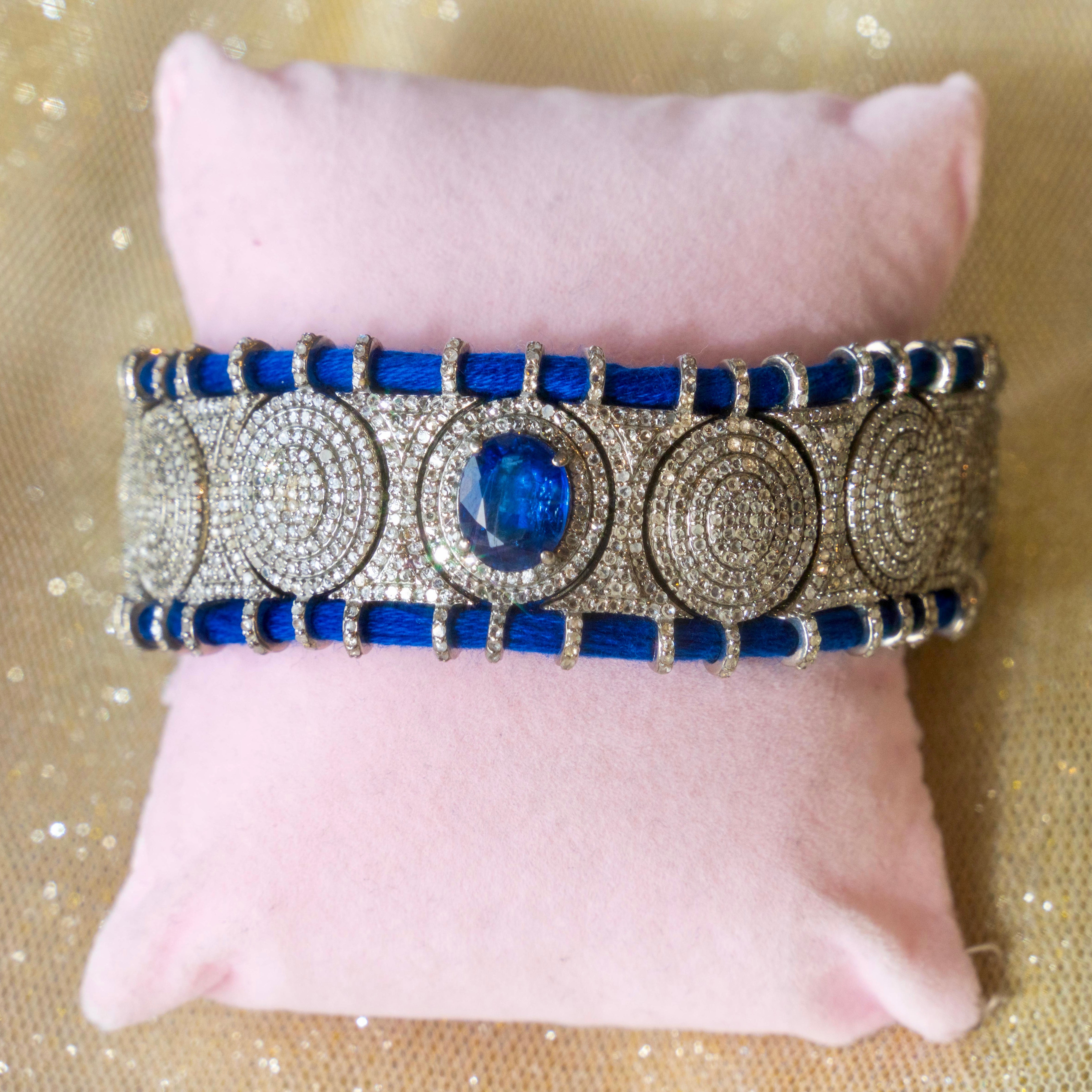 Kyanite + Diamond Cotton Woven Bracelet